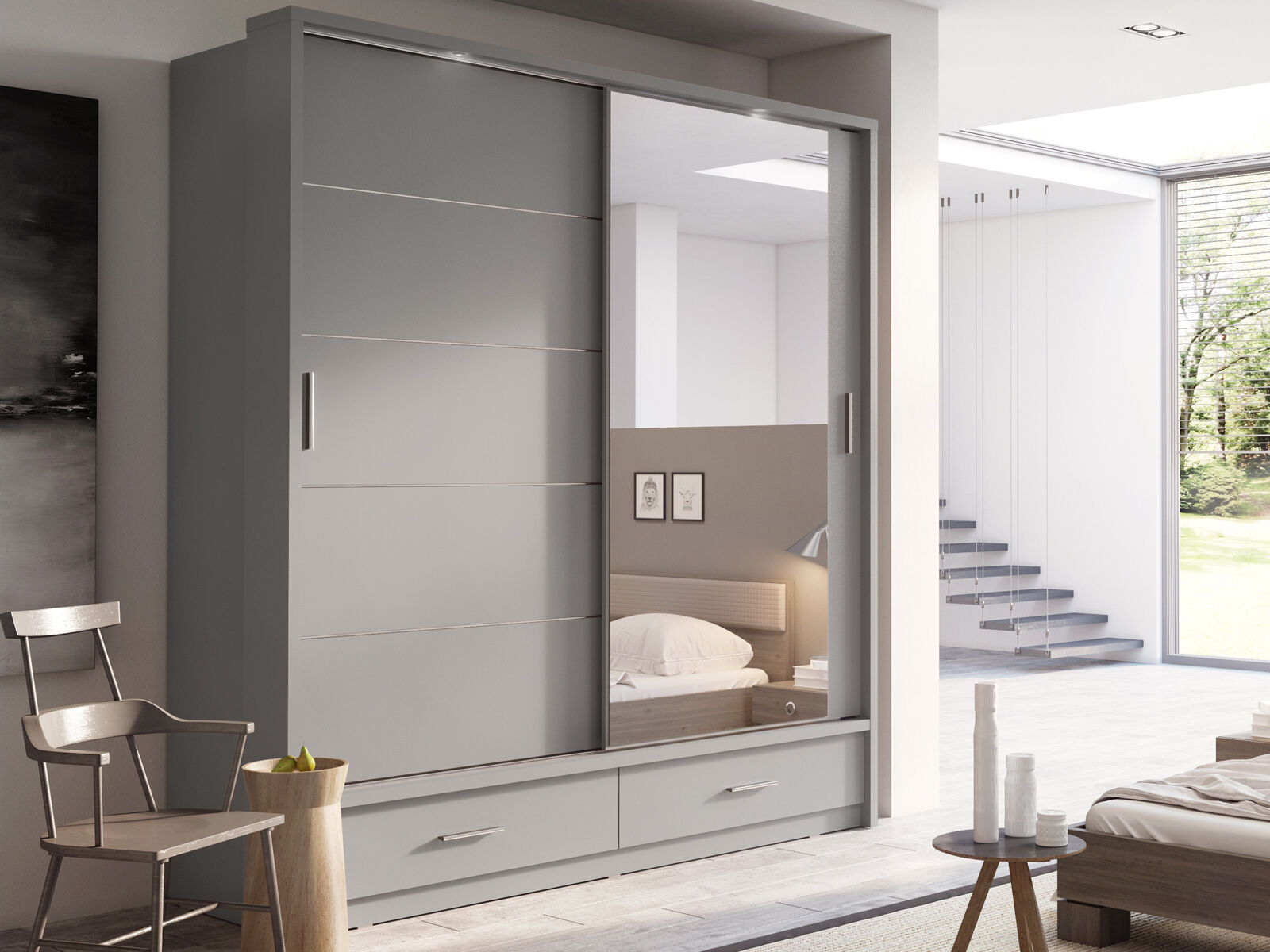 Armoire ARTUS 2 portes coulissantes 2 tiroirs gris avec miroir