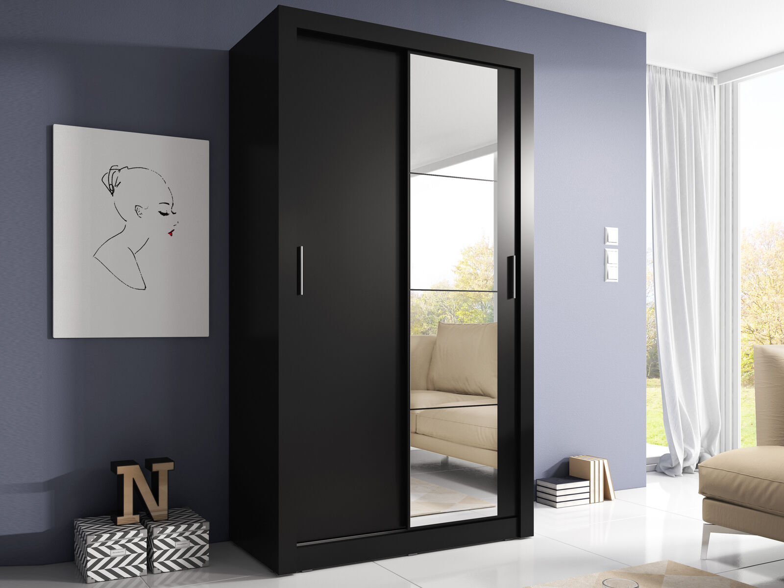 Armoire ARTEL 2 portes coulissantes noir avec miroir