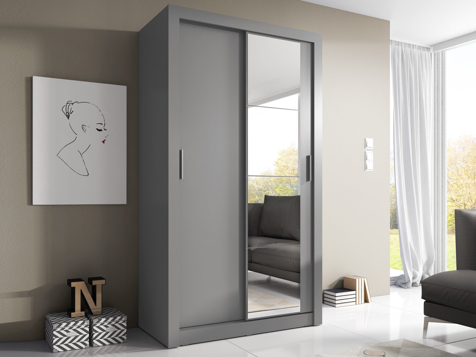 Armoire ARTEL 2 portes coulissantes gris avec miroir