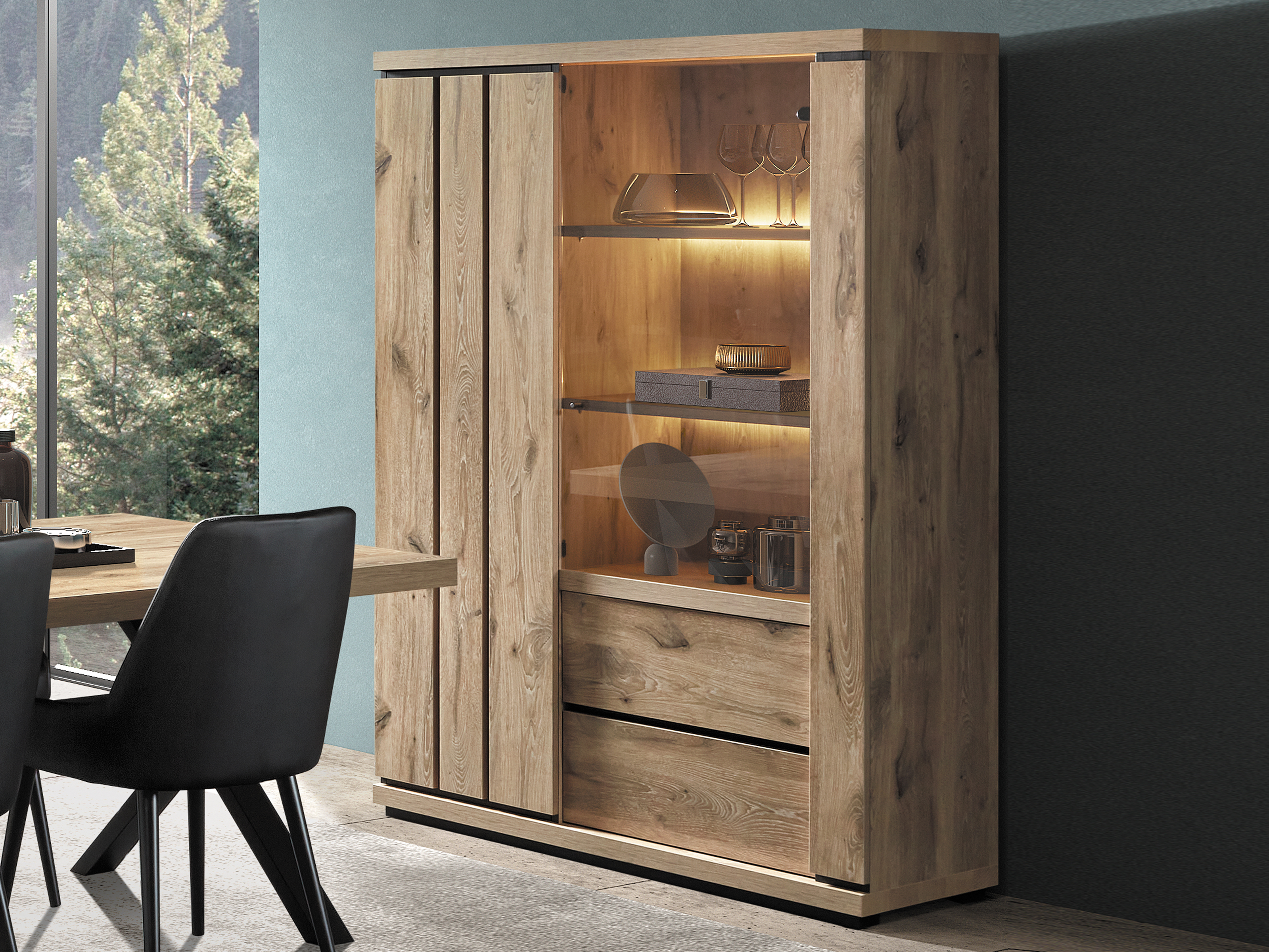 Vitrine STEFALIS 2 portes 2 tiroirs chêne canyon