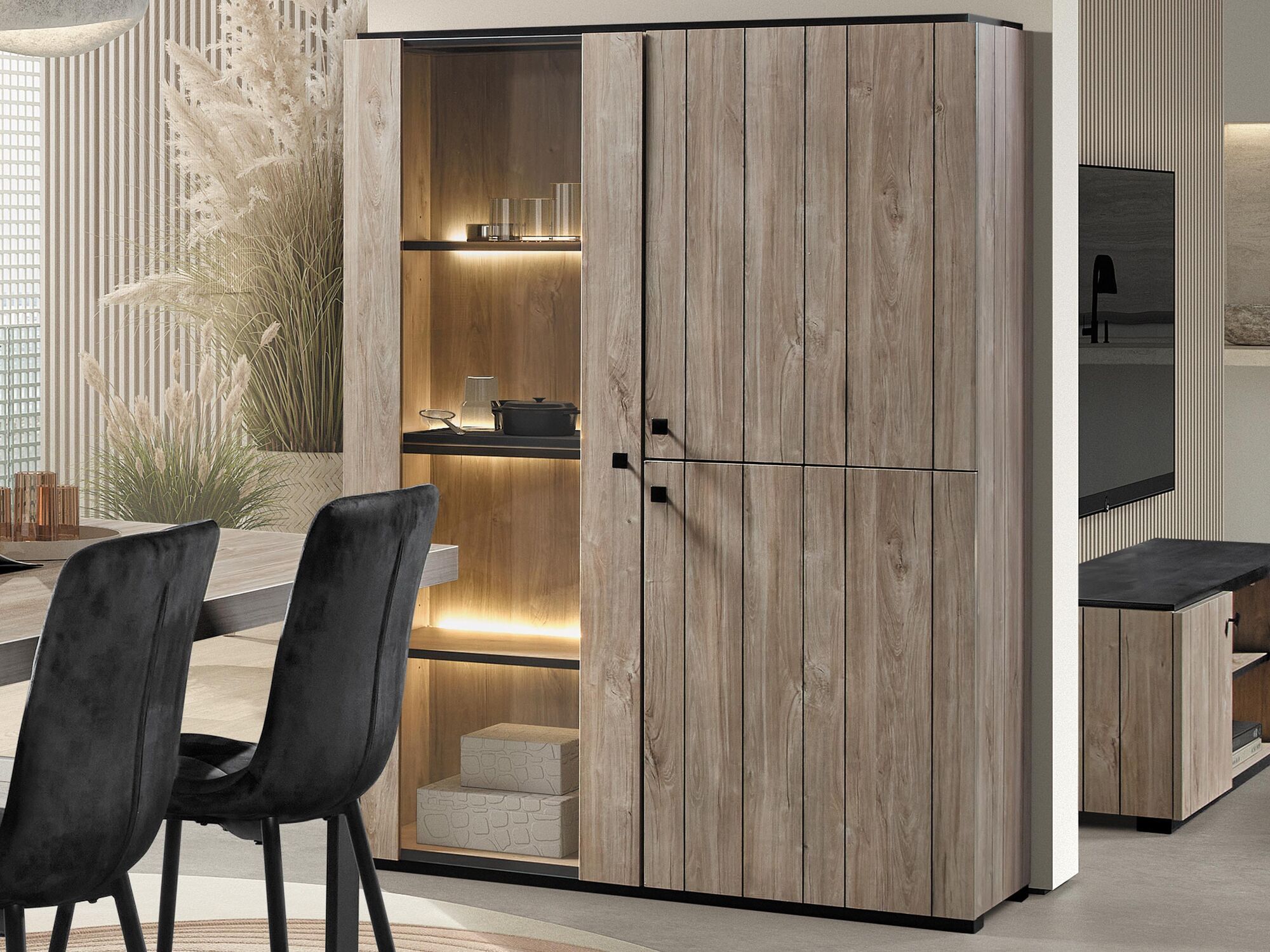 Vitrine THOMAS 3 portes chêne plage avec éclairage