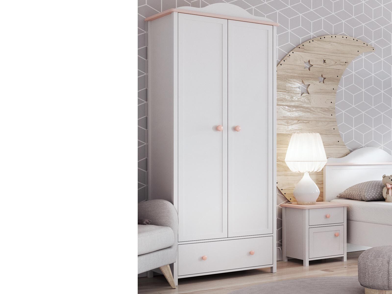Armoire LUCIA 2 portes 1 tiroir blanc/rose
