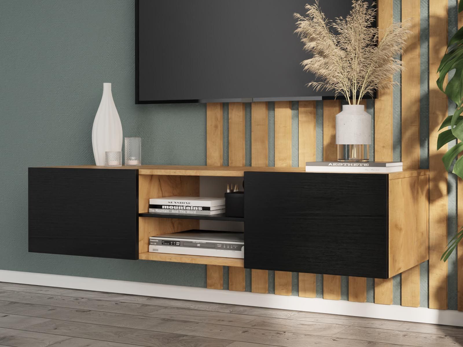 Meuble tv-hifi AURORE 2 portes chêne doré/chêne noir