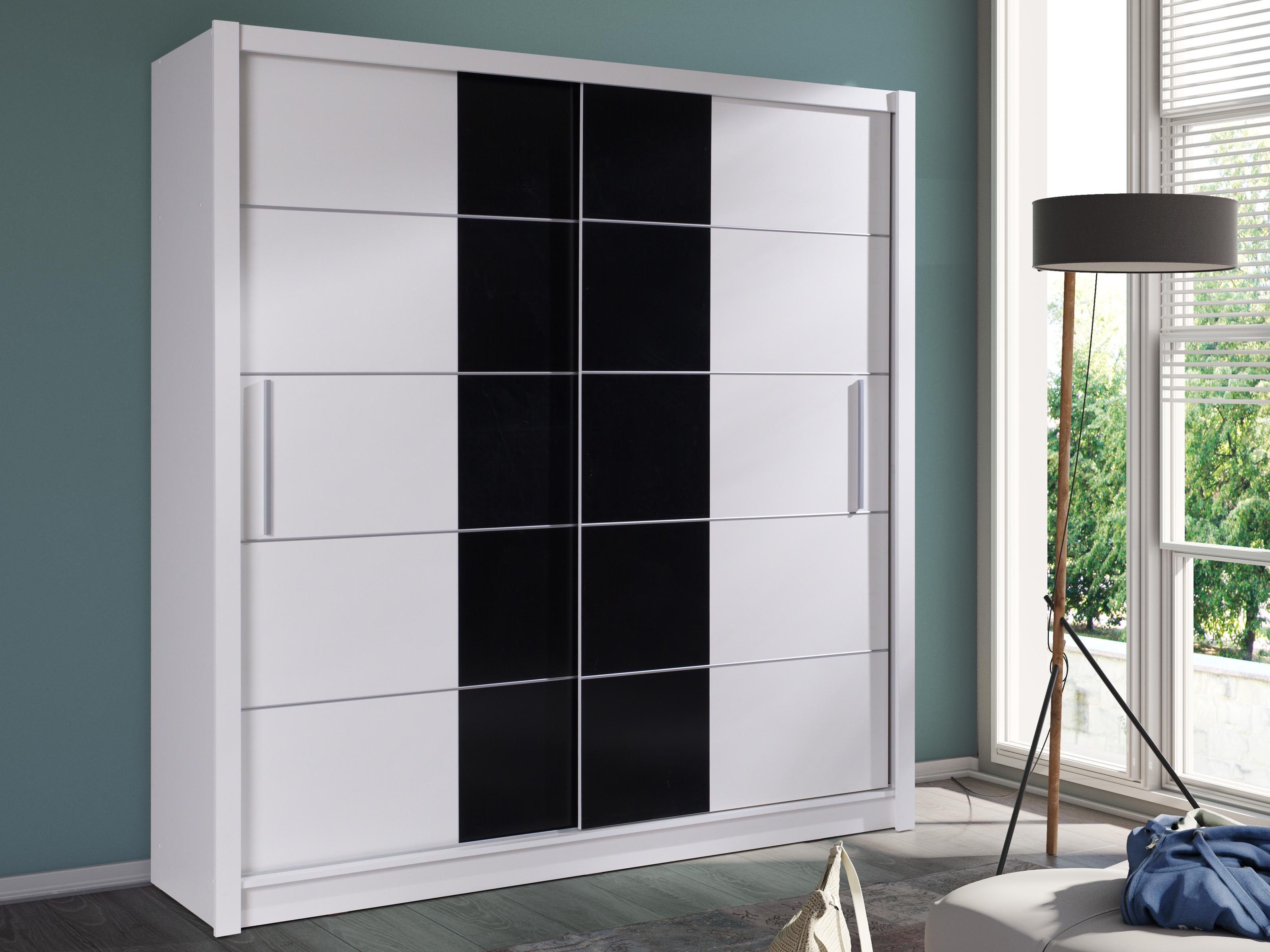 Armoire BAKARY 2 portes coulissantes 205 cm blanc/noir