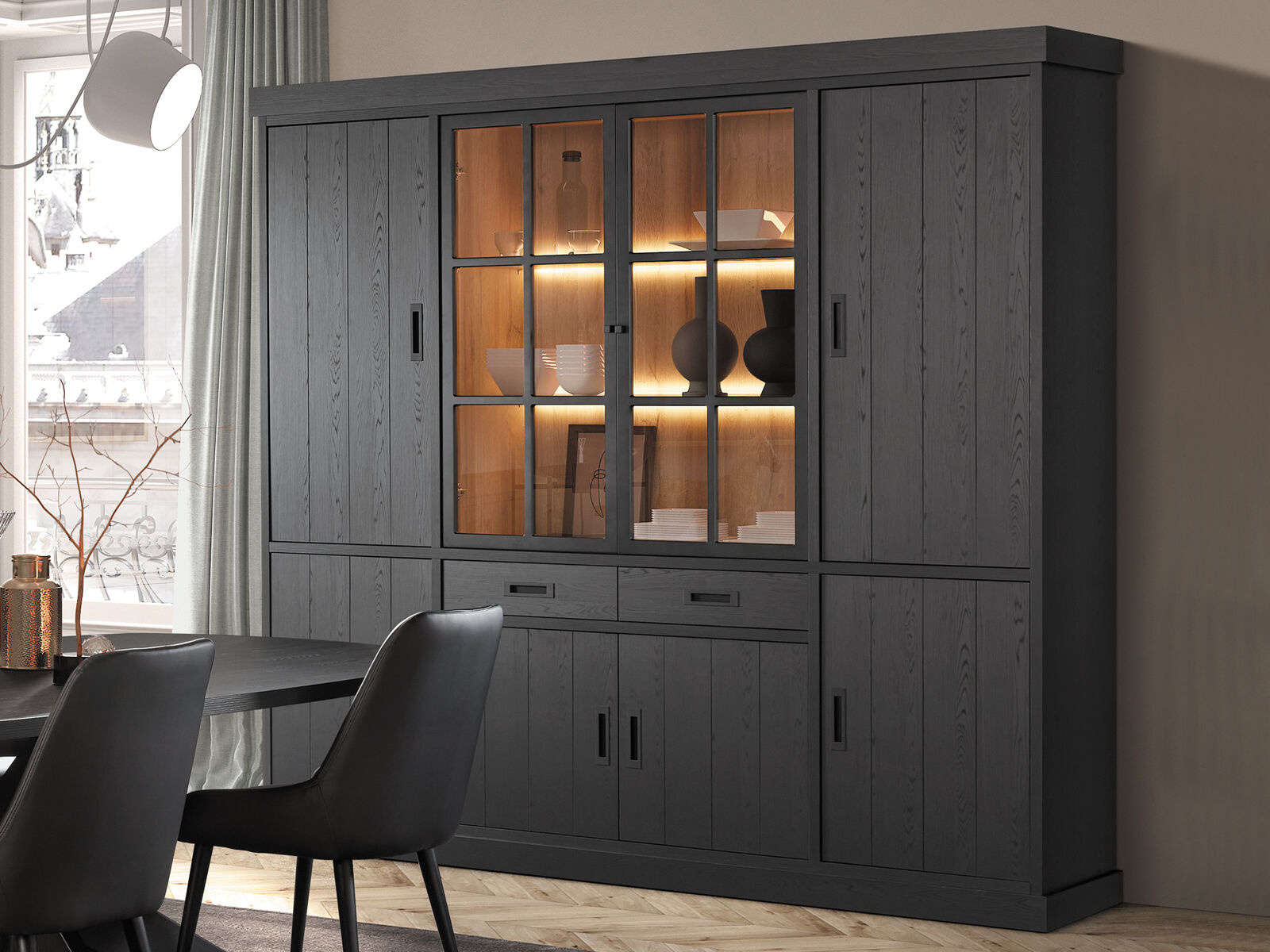 Vaisselier RAPHEO 6 portes 2 tiroirs noir nox avec led