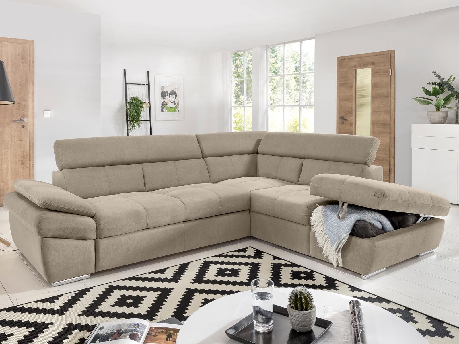 Canapé d’angle convertible ANGITE avec méridienne droite tissu sable