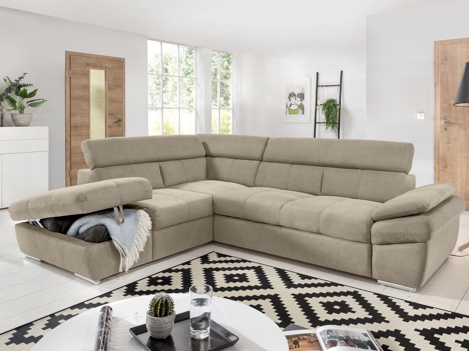 Canapé d’angle convertible ANGITE avec méridienne gauche tissu sable