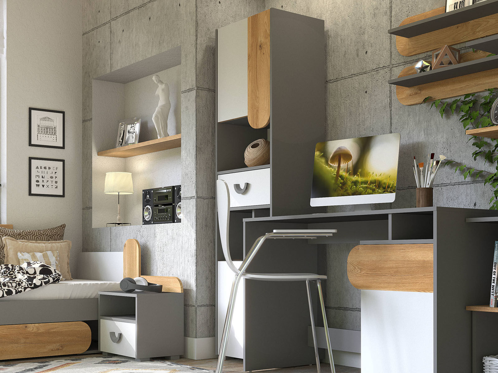 Colonne CARINO 2 portes 1 tiroir blanc/chêne nash