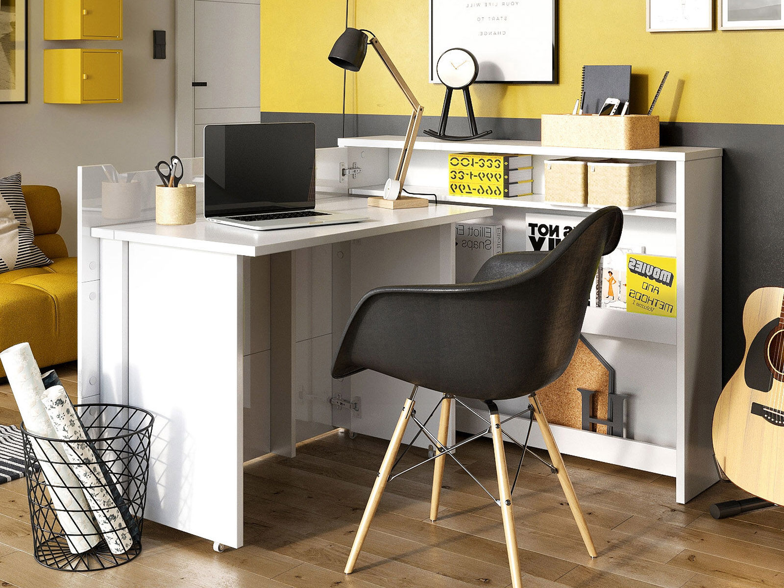 Bureau escamotable CONCEPTION PRO blanc/blanc brillant gauche