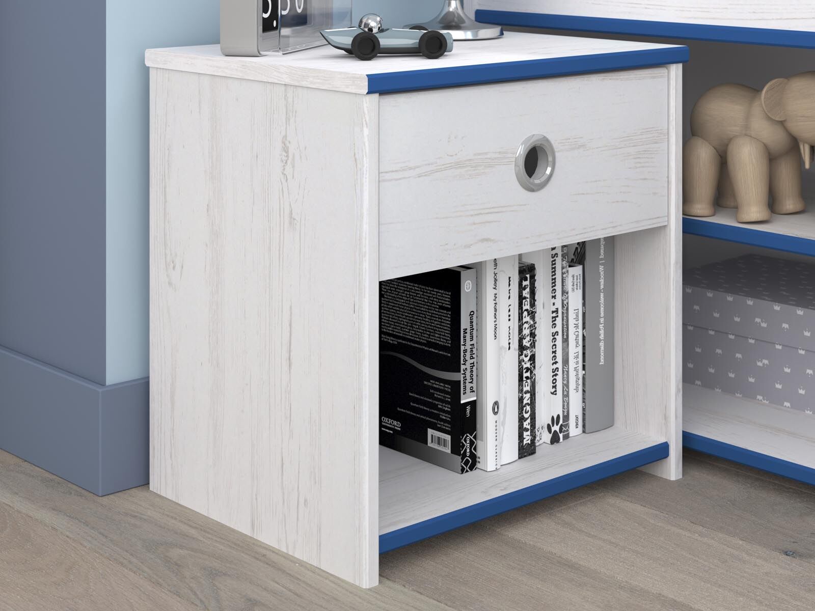 Chevet SMOOKIE 1 tiroirs pin blanc/bleu