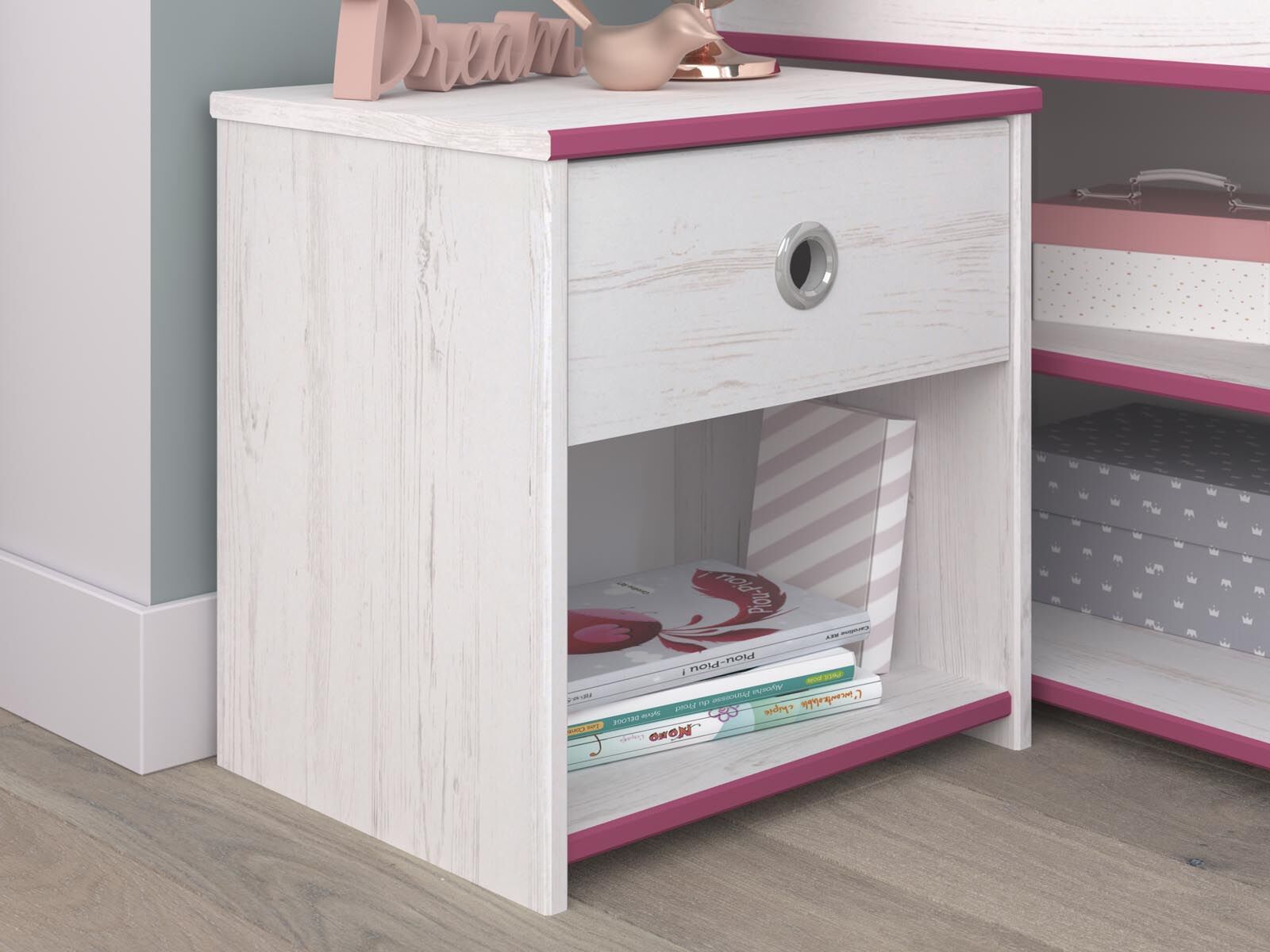 Chevet SMOOKIE 1 tiroirs pin blanc/rose