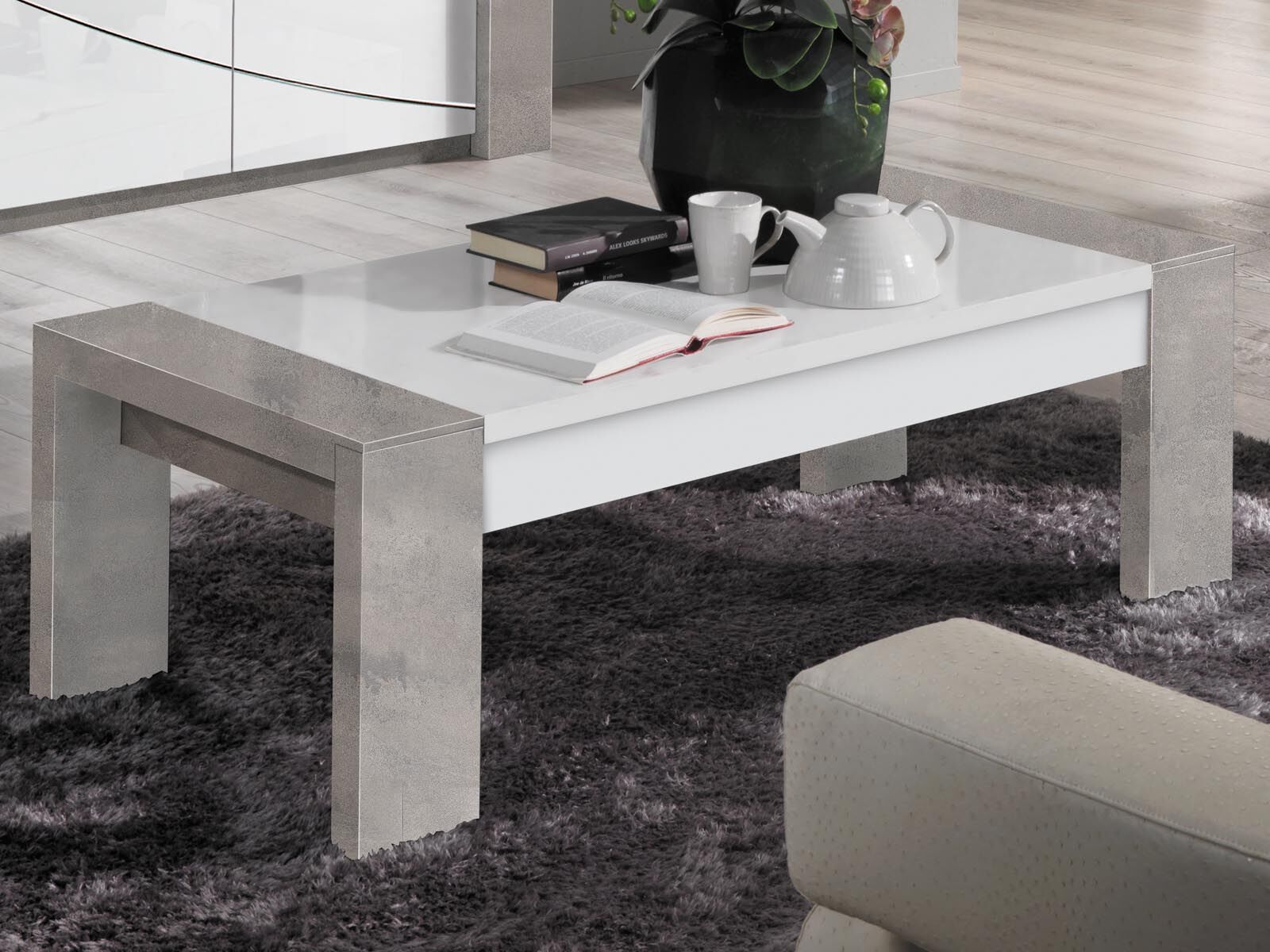 Table basse rectangulaire RANDY 130 cm béton/blanc
