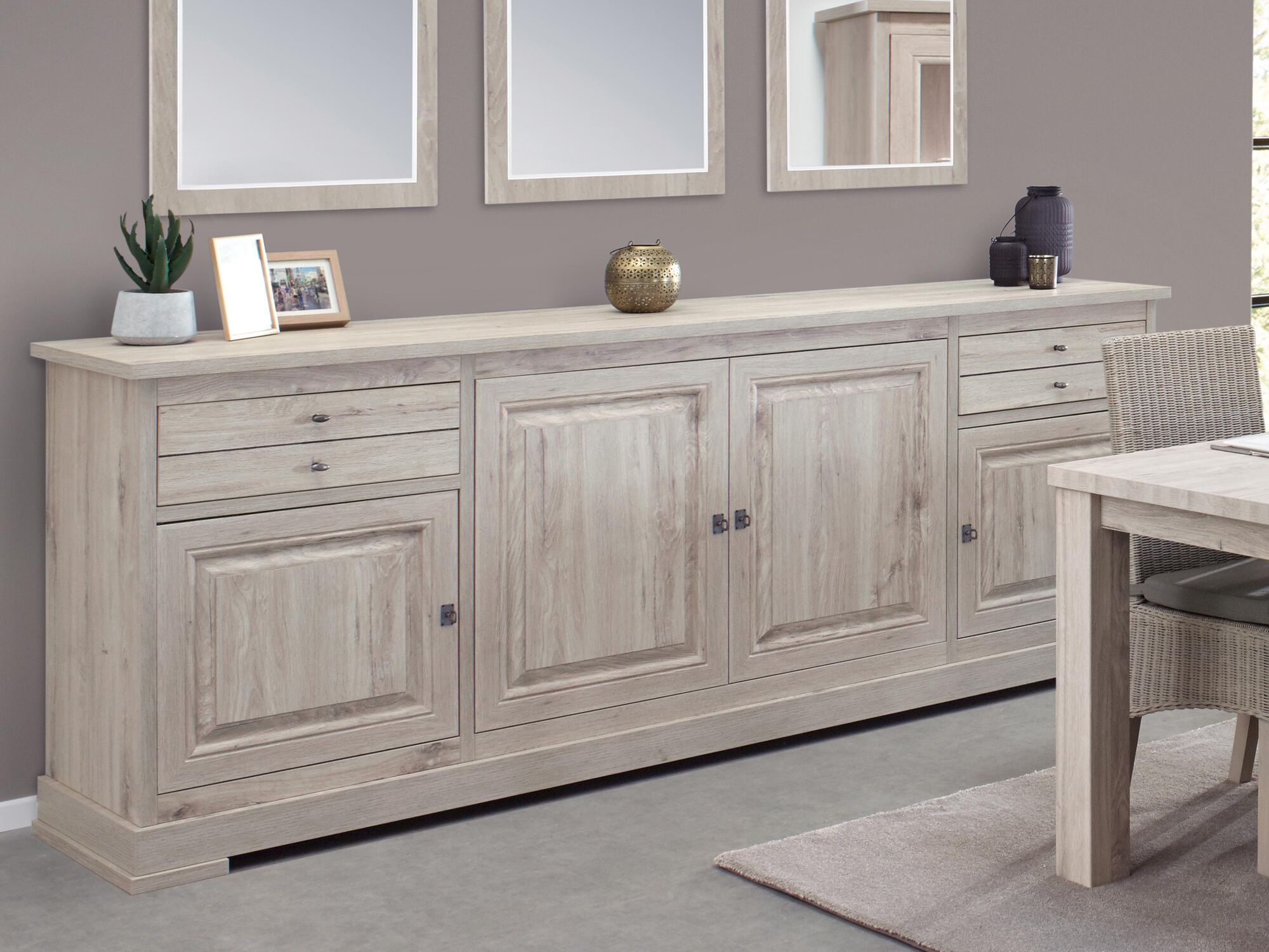 Buffet/bahut KENNY 4 portes 2 tiroirs 221 cm chêne millenium clair