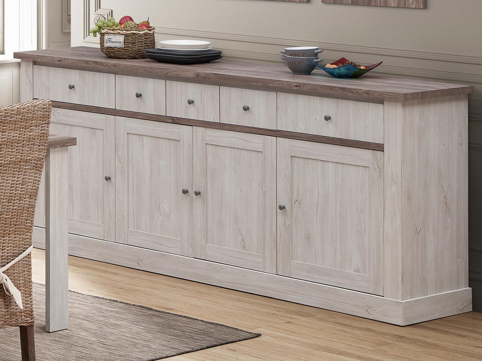 Buffet/bahut NELI 4 portes 3 tiroirs chêne blanc/chêne d'automne