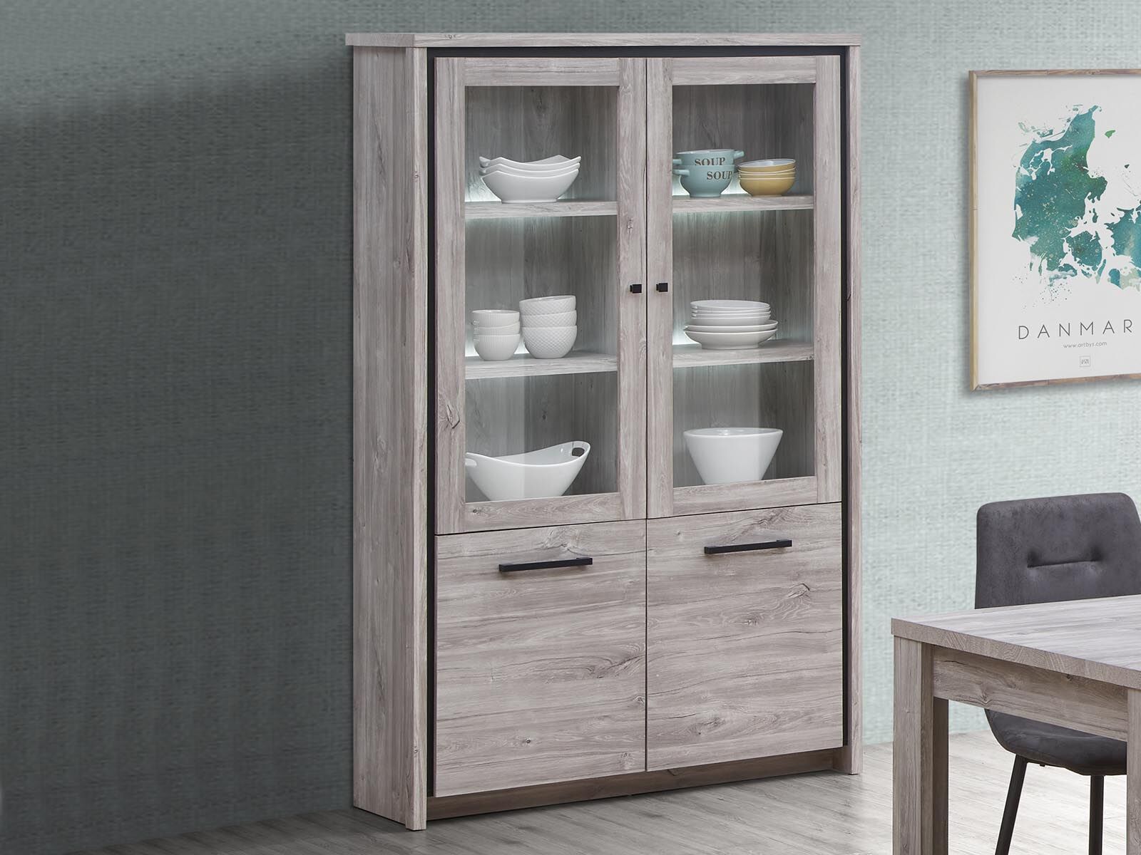 Vitrine ELINA 4 portes chêne gris avec led