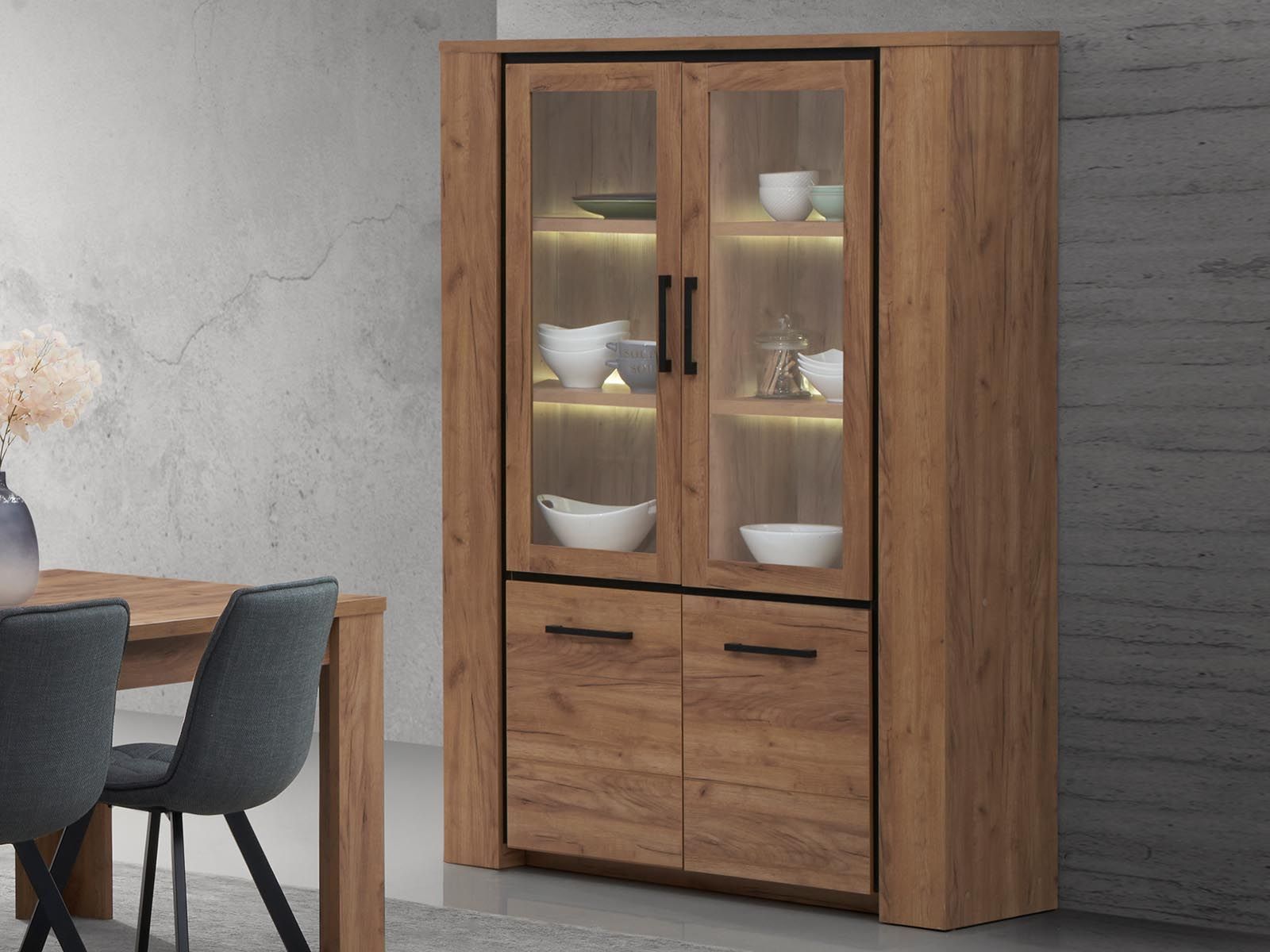 Vitrine ELLIOT 4 portes chêne français d'automne avec led