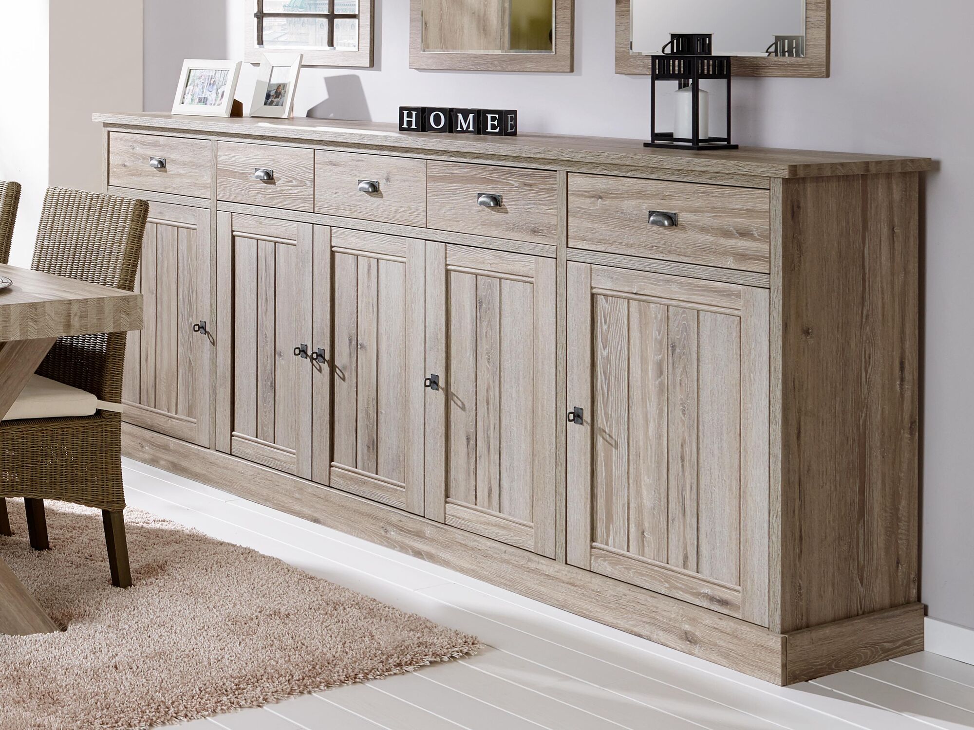 Buffet/bahut YORKO 5 portes 5 tiroirs chêne cristal clair