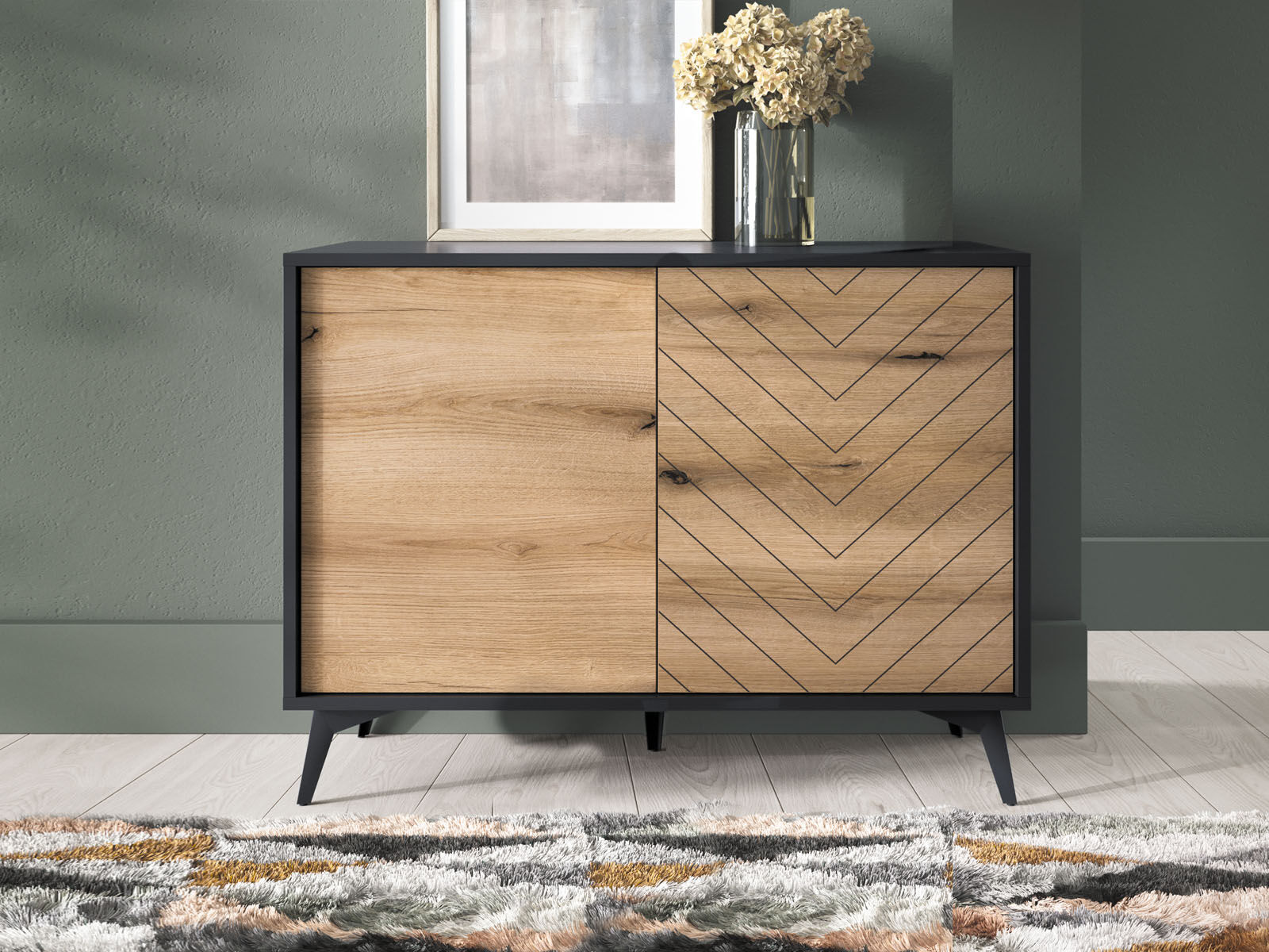 Commode ADAMAS 2 portes noir/chêne evoke
