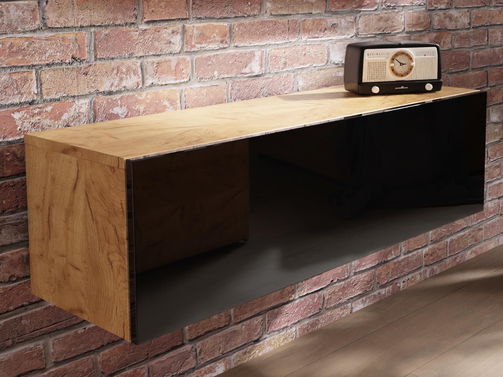 Meuble tv-hifi KINGSTON 1 porte battante 105 cm chêne doré/noir brillant