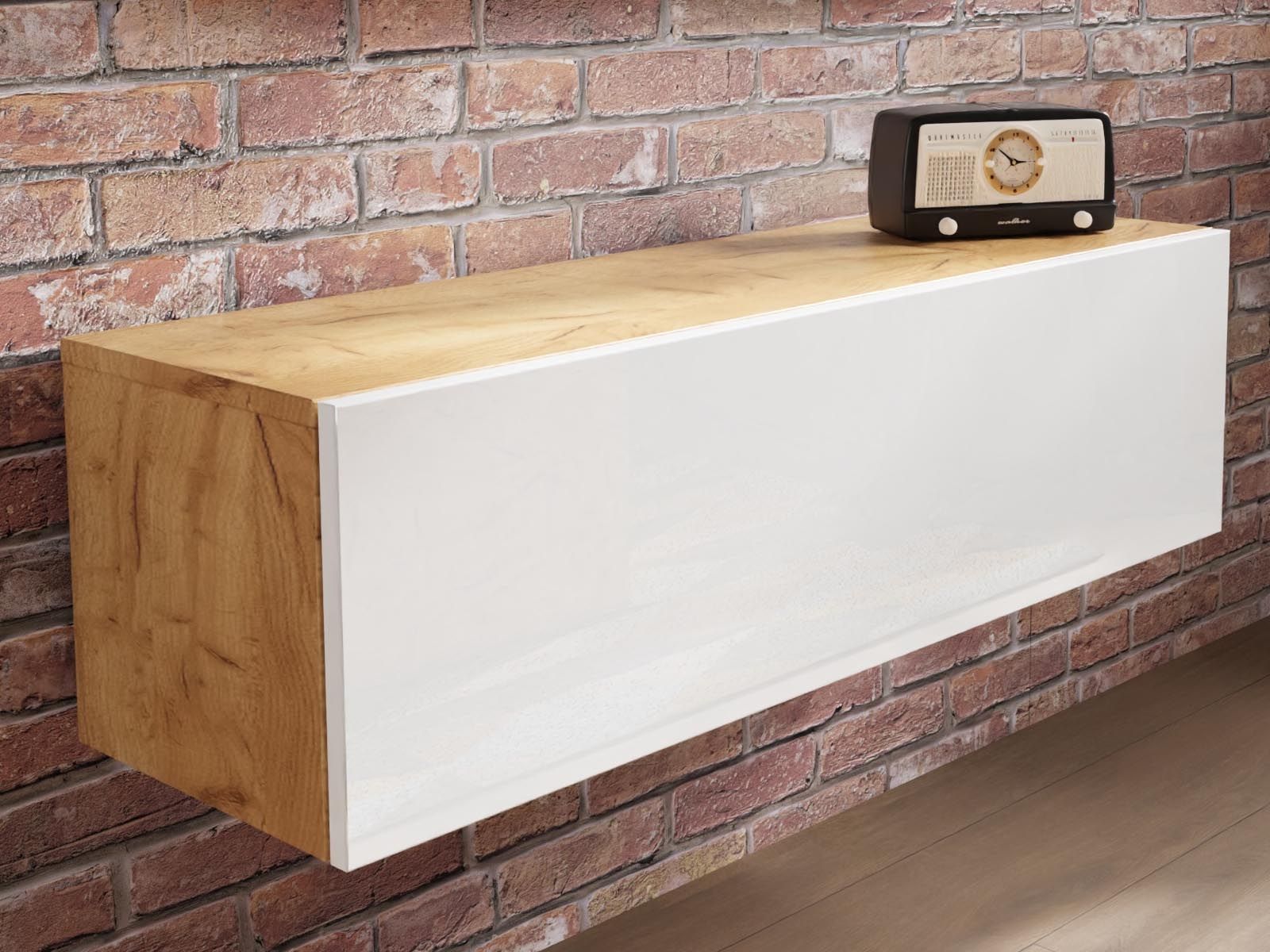 Meuble tv-hifi KINGSTON 1 porte battante 105 cm chêne doré/blanc brillant