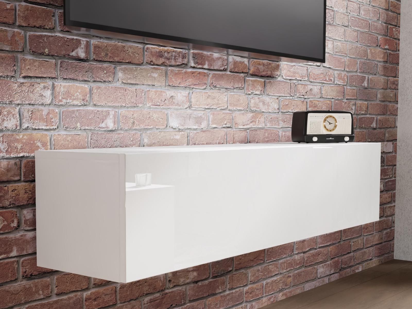Meuble tv-hifi KINGSTON 1 porte battantes 140 cm blanc/blanc brillant