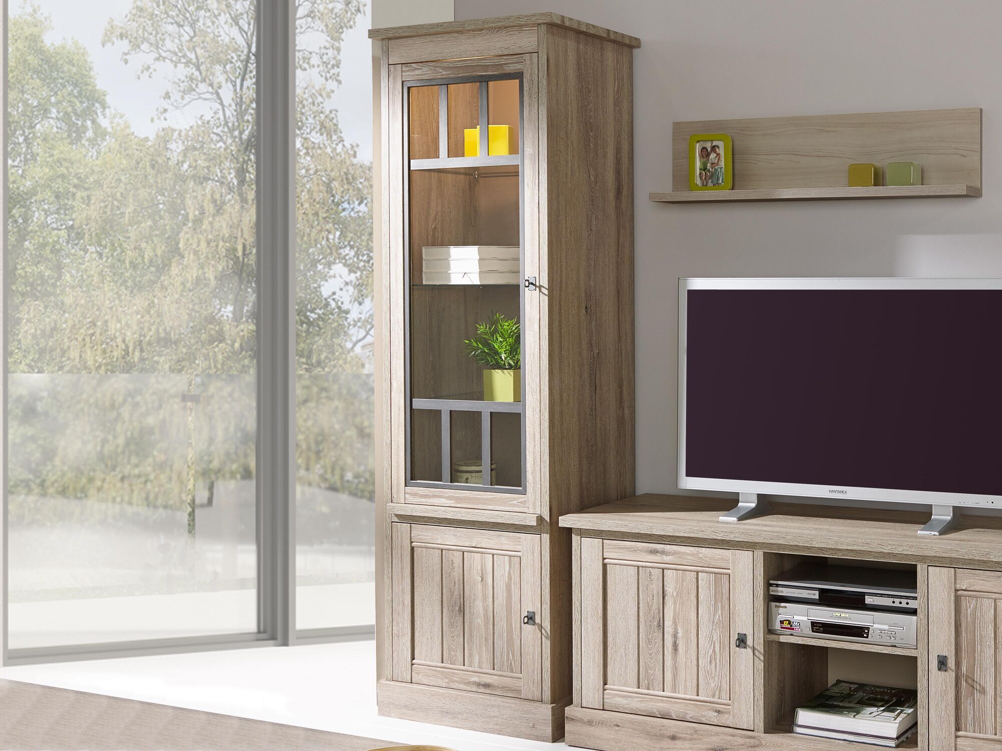 Vitrine YORKO 2 portes gauche chêne cristal clair