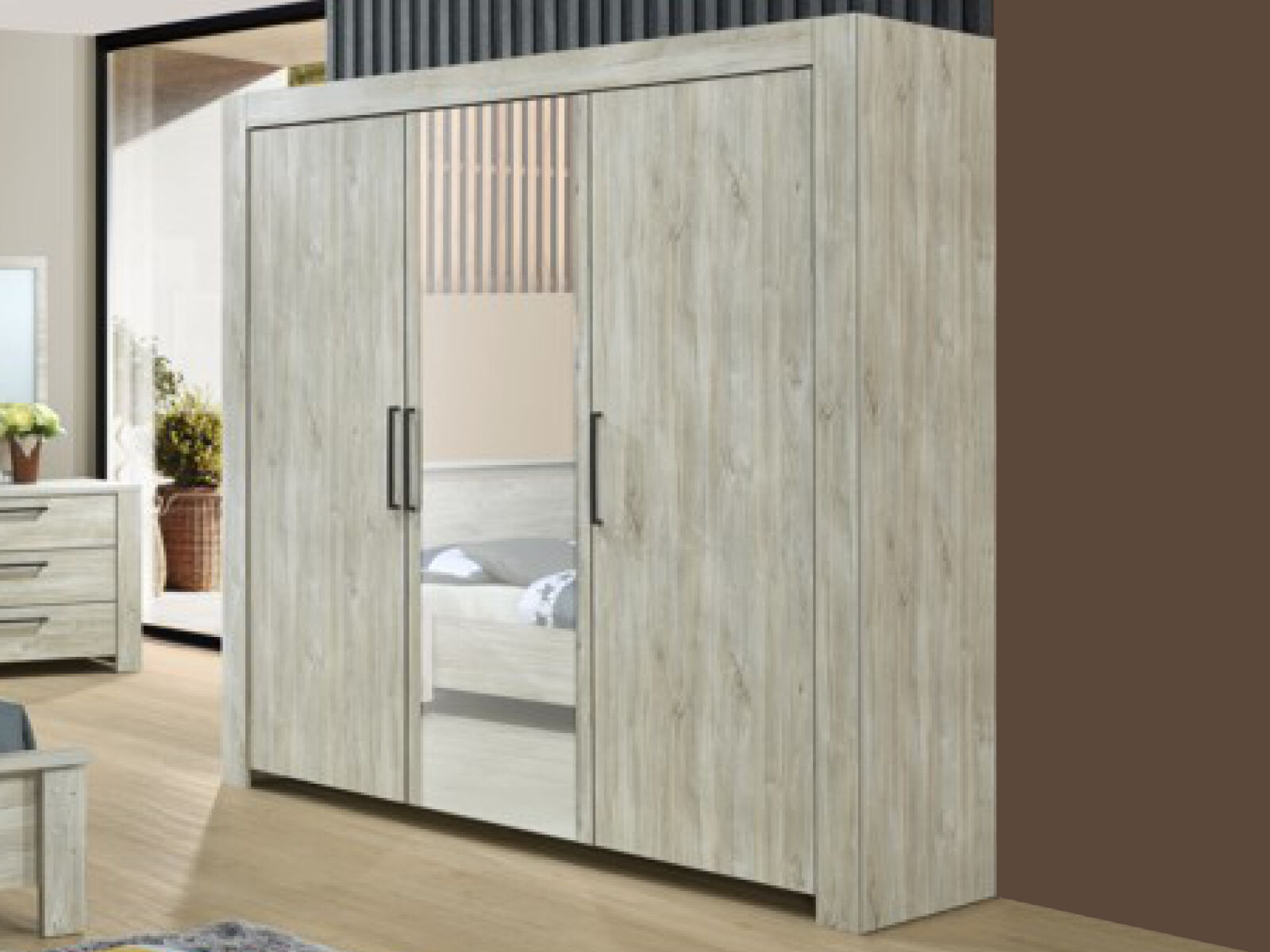 Armoire IVAN 3 portes chêne plage avec miroir