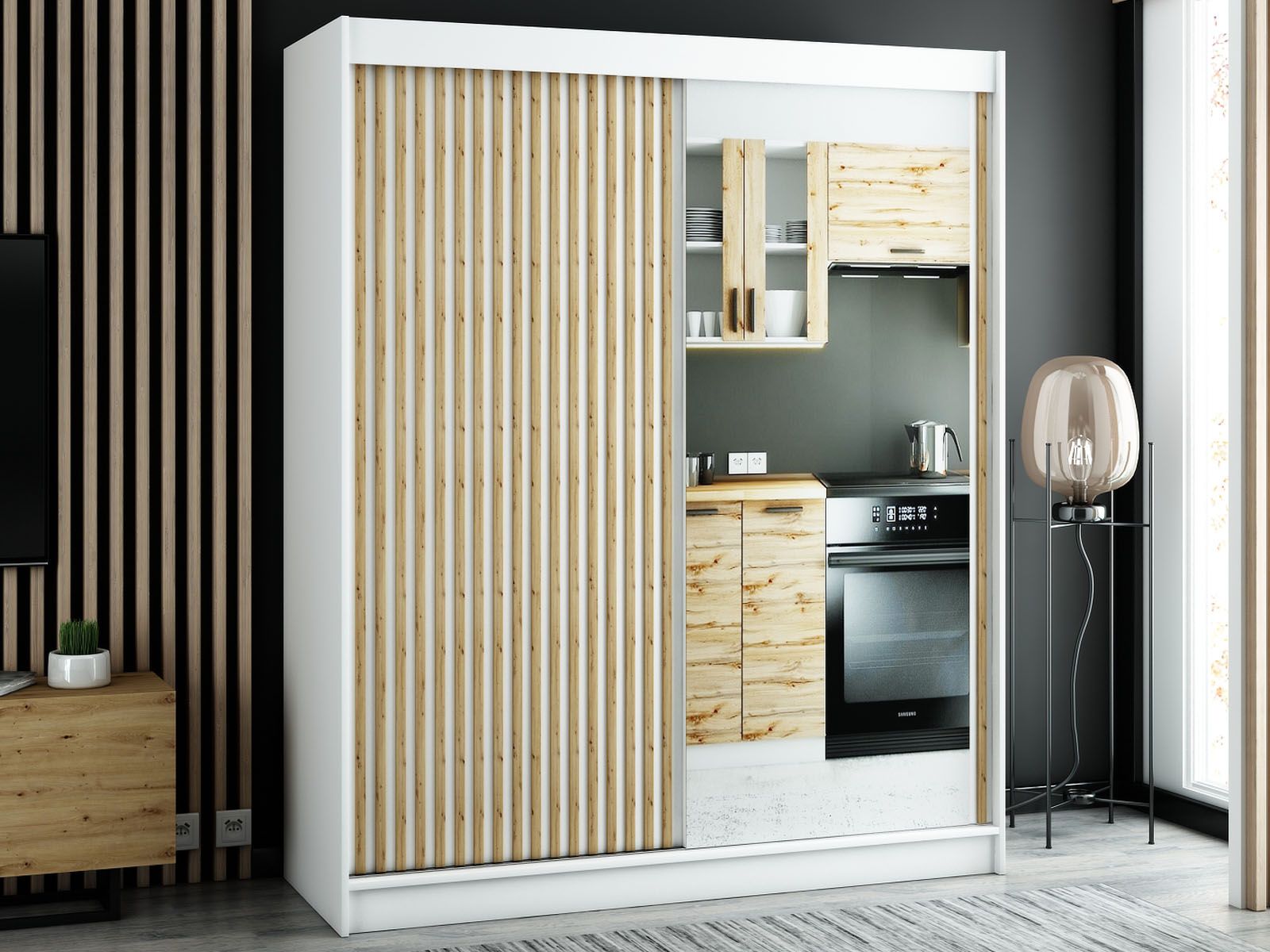 Armoire LAMORA 2 portes coulissantes 180 cm blanc avec miroir