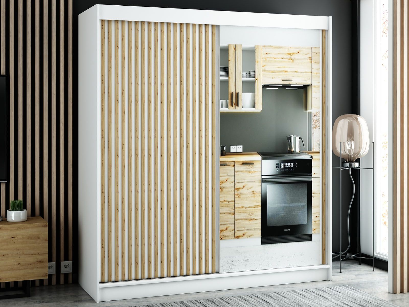 Armoire LAMORA 2 portes coulissantes 200 cm blanc avec miroir