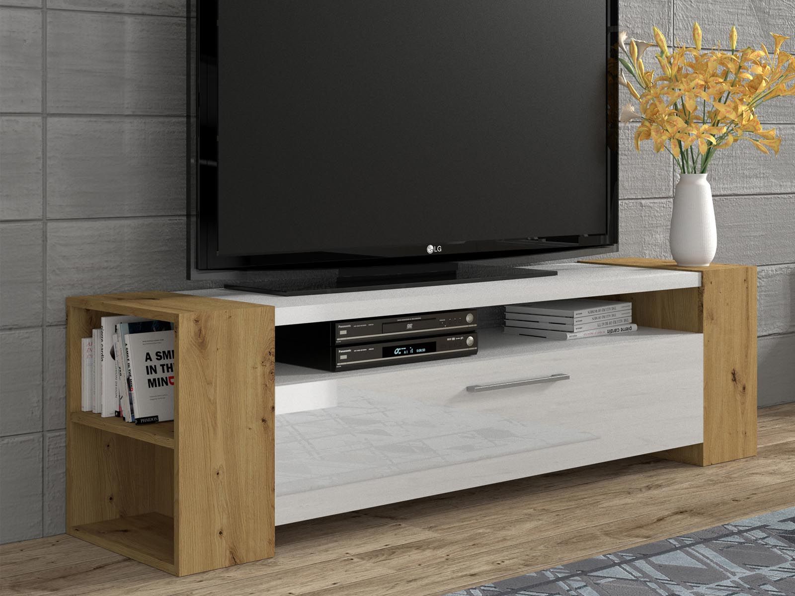 Meuble tv-hifi LAVIA 1 porte battante blanc brillant/chêne artisan