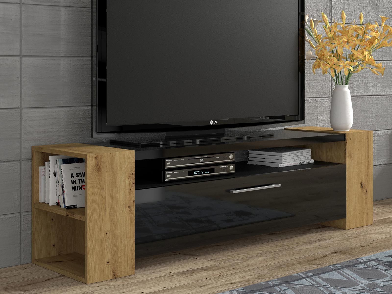 Meuble tv-hifi LAVIA 1 porte battante noir brillant/chêne artisan