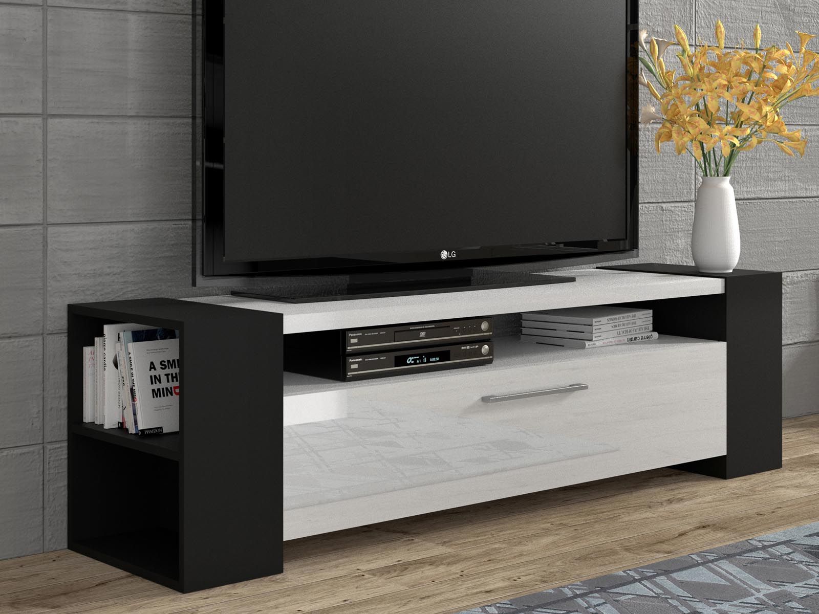 Meuble tv-hifi LAVIA 1 porte battante noir/blanc brillant
