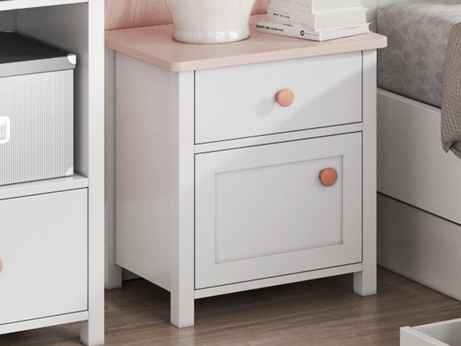 Chevet LUCIA 1 porte 1 tiroir blanc/rose