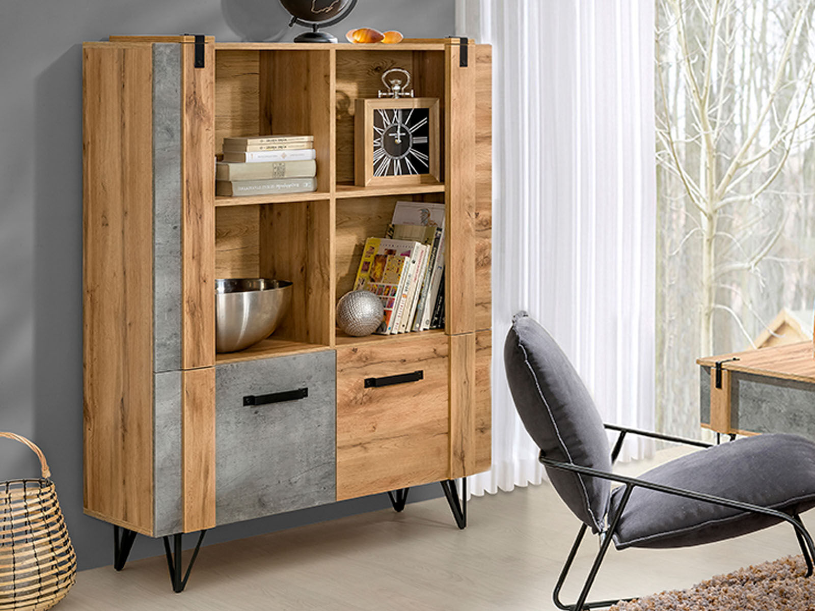 Armoire MILPO 2 portes 4 niches chêne wotan/béton