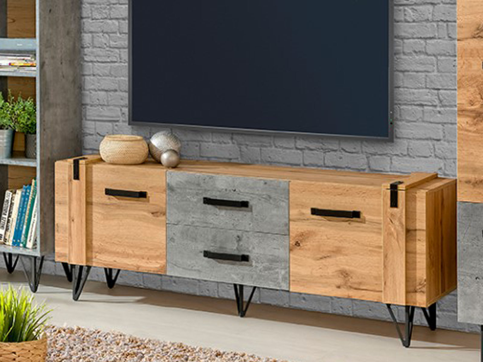 Meuble tv-hifi MILPO 2 portes 2 tiroirs chêne wotan/béton