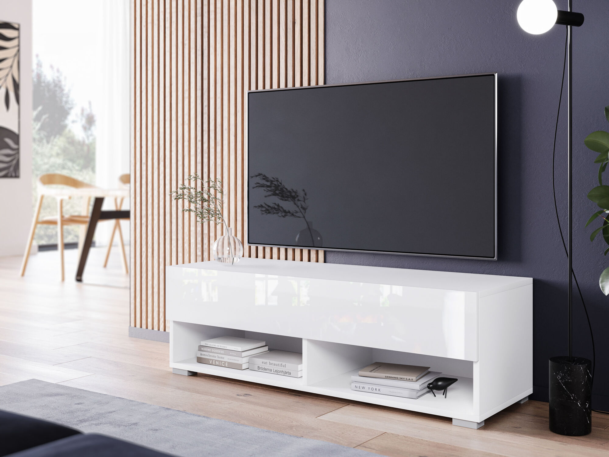 Meuble tv-hifi ACAPULCO 1 porte battante 100 cm blanc/blanc brillant avec led
