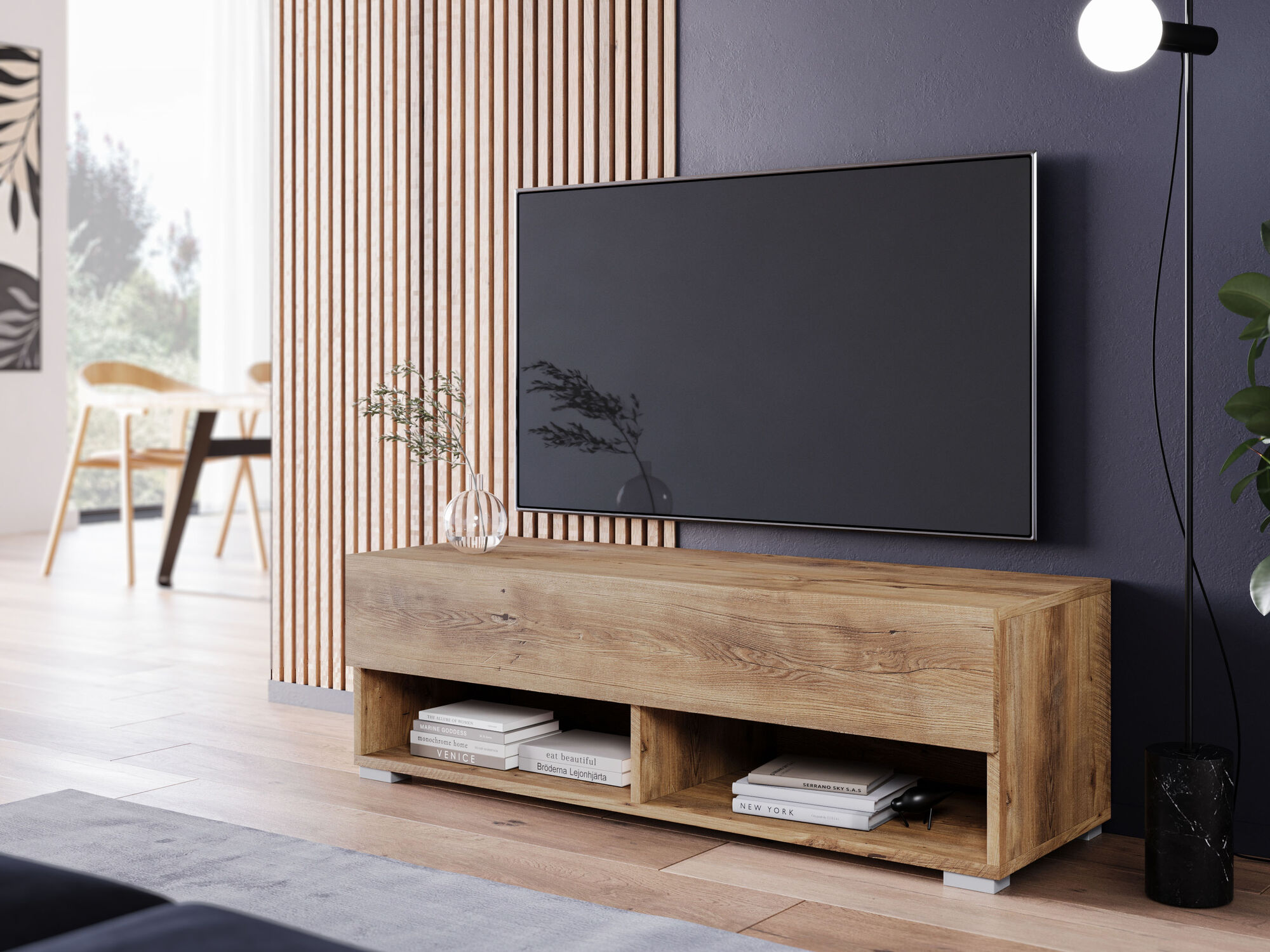Meuble tv-hifi ACAPULCO 1 porte battante 100 cm châtaignier naturel avec led