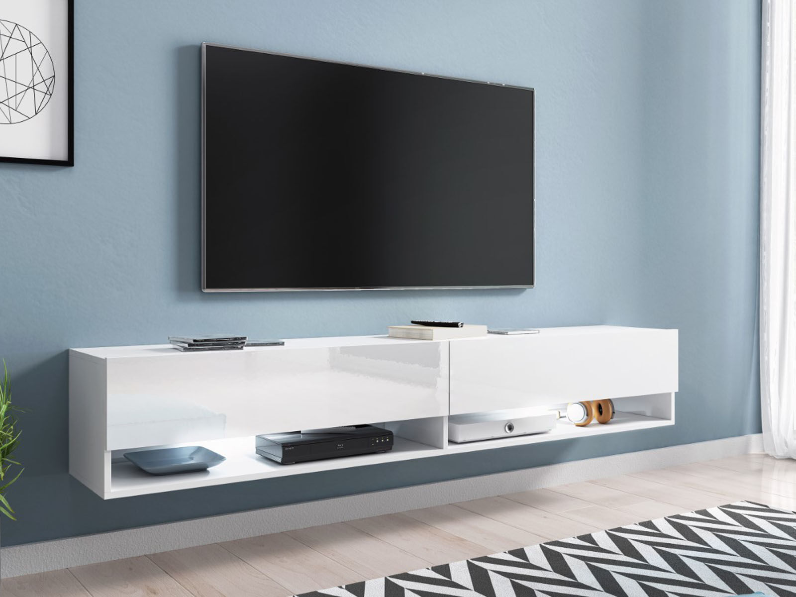 Meuble tv-hifi ACAPULCO 2 portes battantes 180 cm blanc/blanc brillant avec led