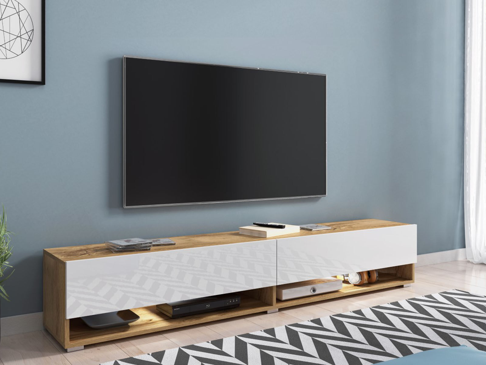 Meuble tv-hifi ACAPULCO 2 portes battantes 180 cm chêne wotan/blanc brillant