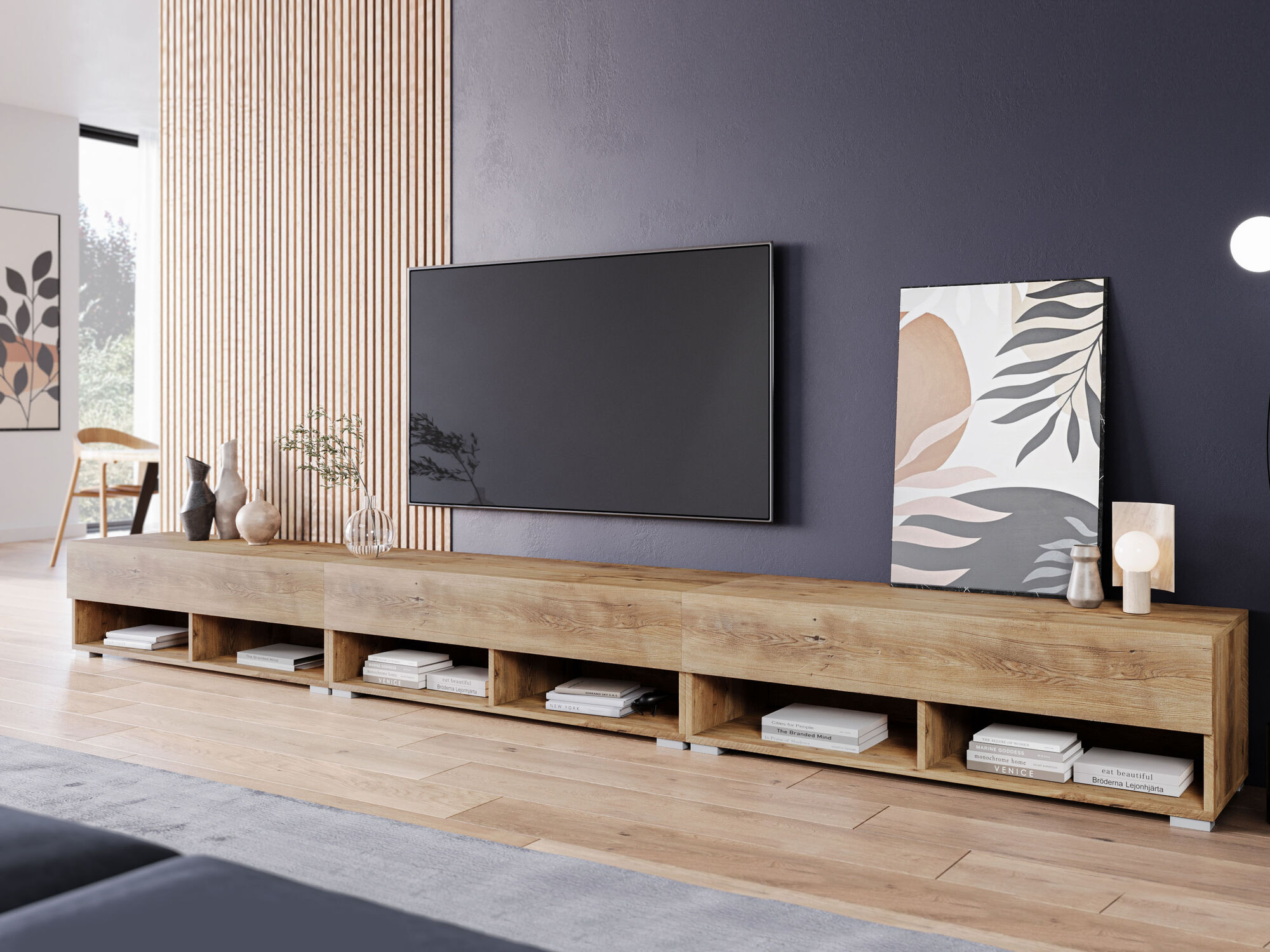 Meuble tv-hifi ACAPULCO 3 portes battantes 300 cm châtaignier naturel avec led