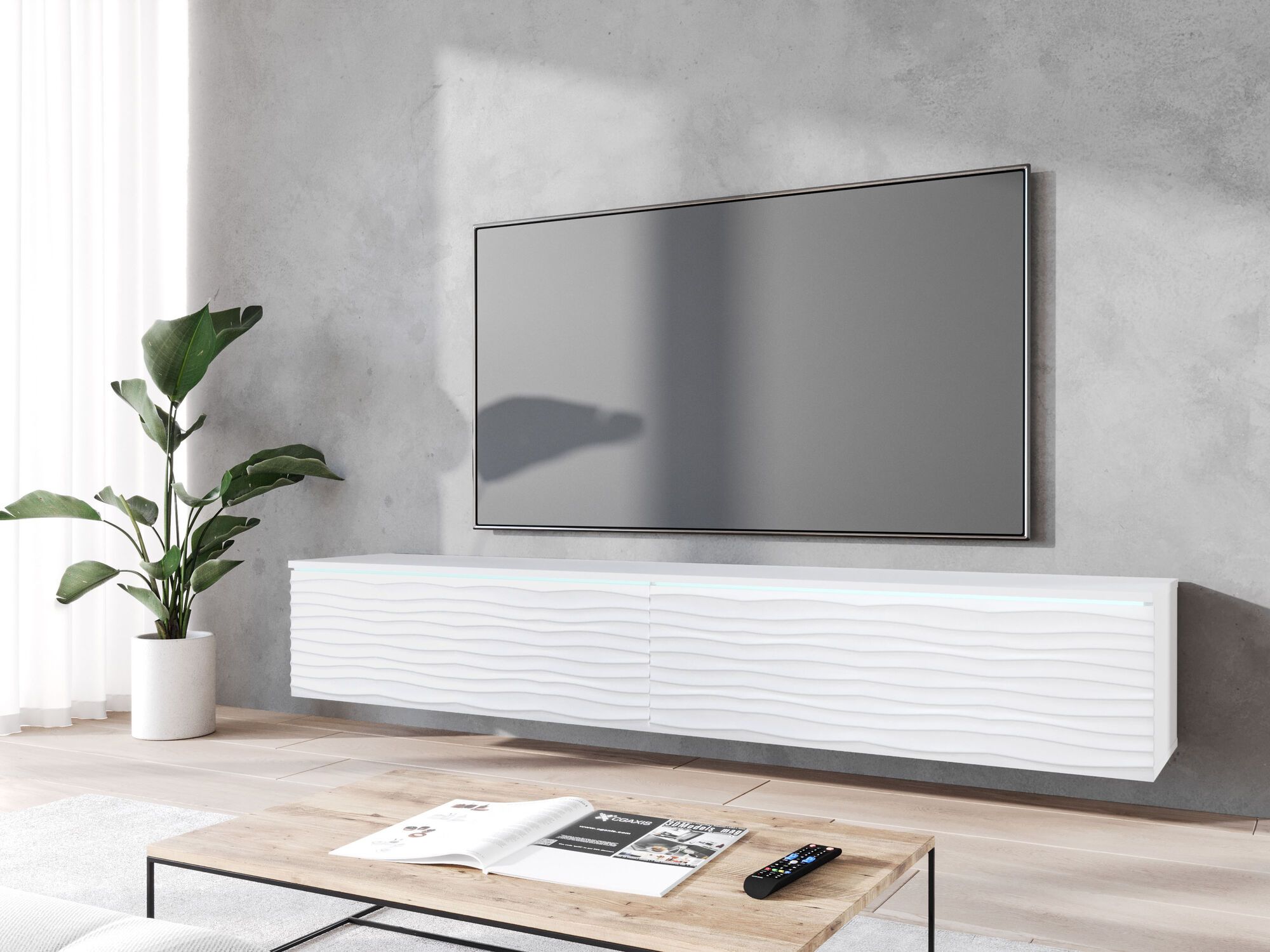 Meuble tv-hifi DONATIEN 2 portes battantes 180 cm blanc avec led