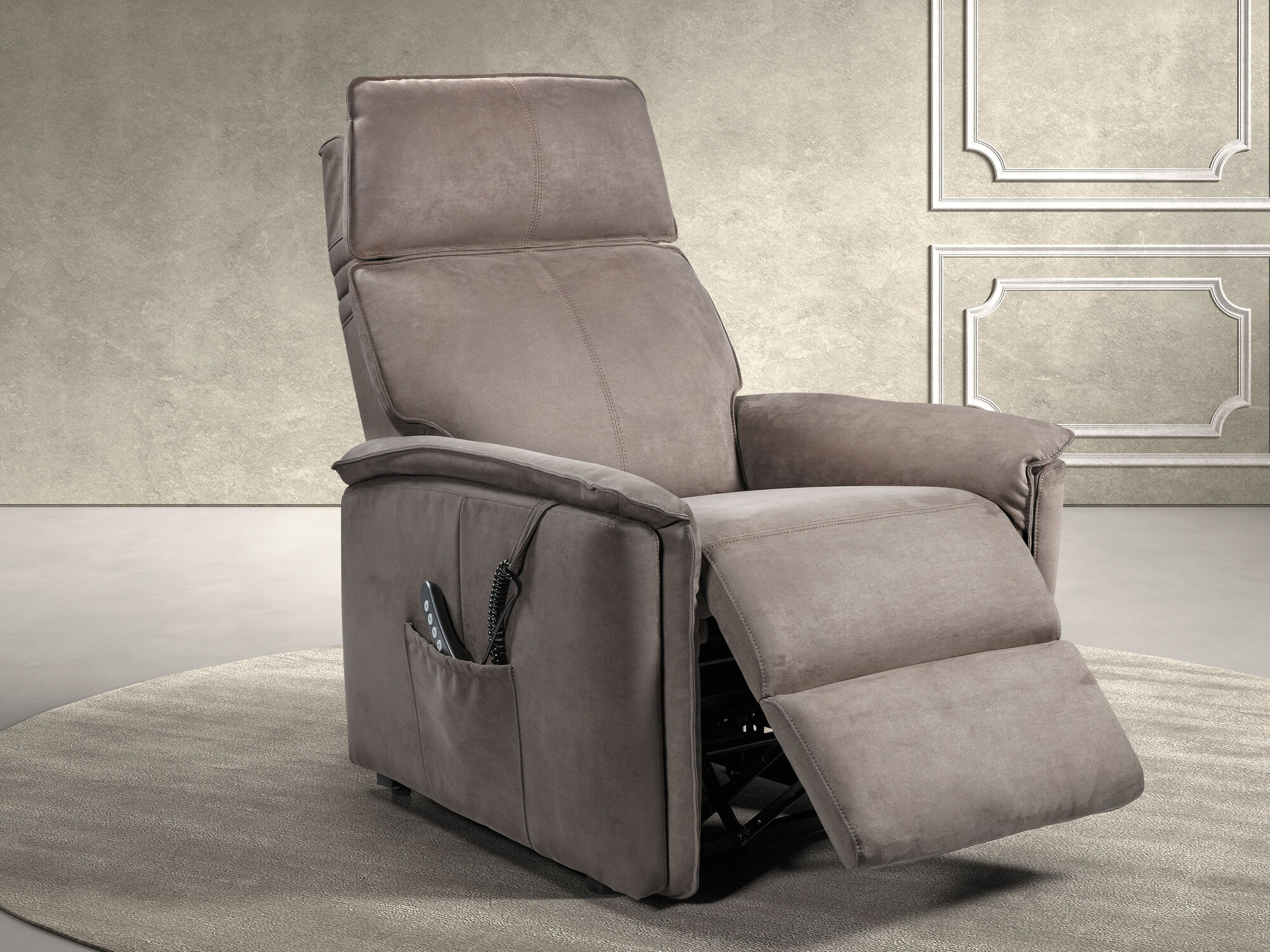 Fauteuil relax électrique LEANDRO avec tête réglable et moteur lift gris/brun foncé