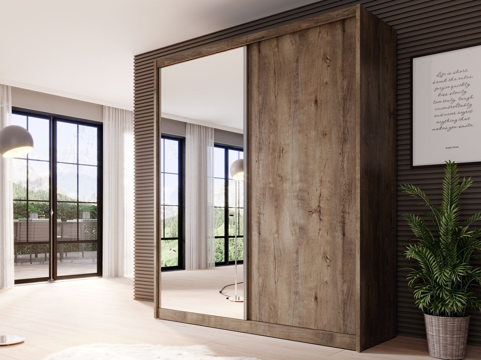 Armoire MACRO 2 portes coulissantes 180 cm chêne lefkas avec miroir