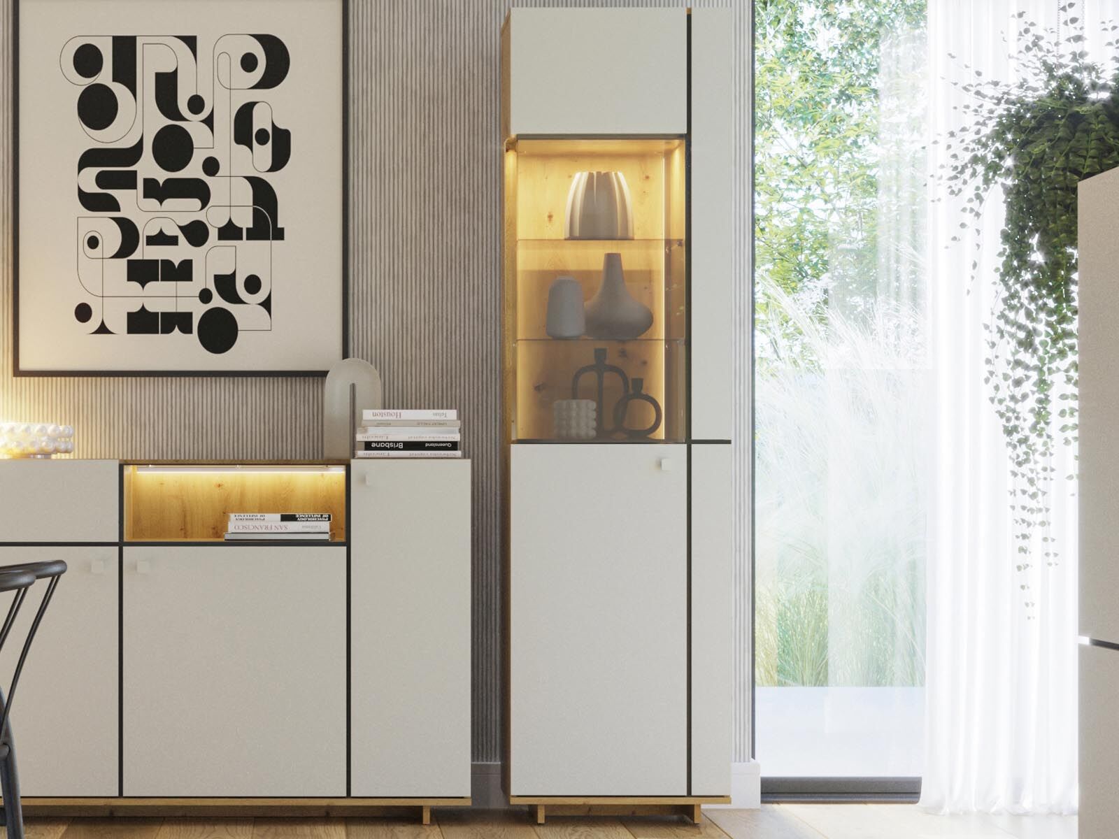 Vitrine MODO 1 porte chêne artisan/blanc alpin avec led