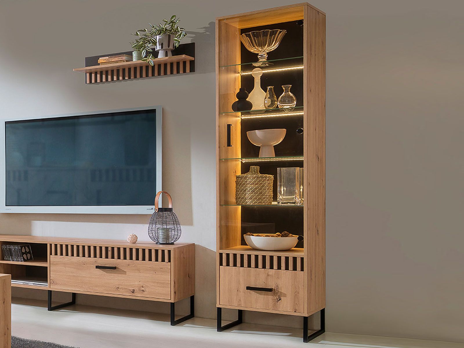 Vitrine LAMINE 1 porte vitrée 1 tiroir chêne artisan