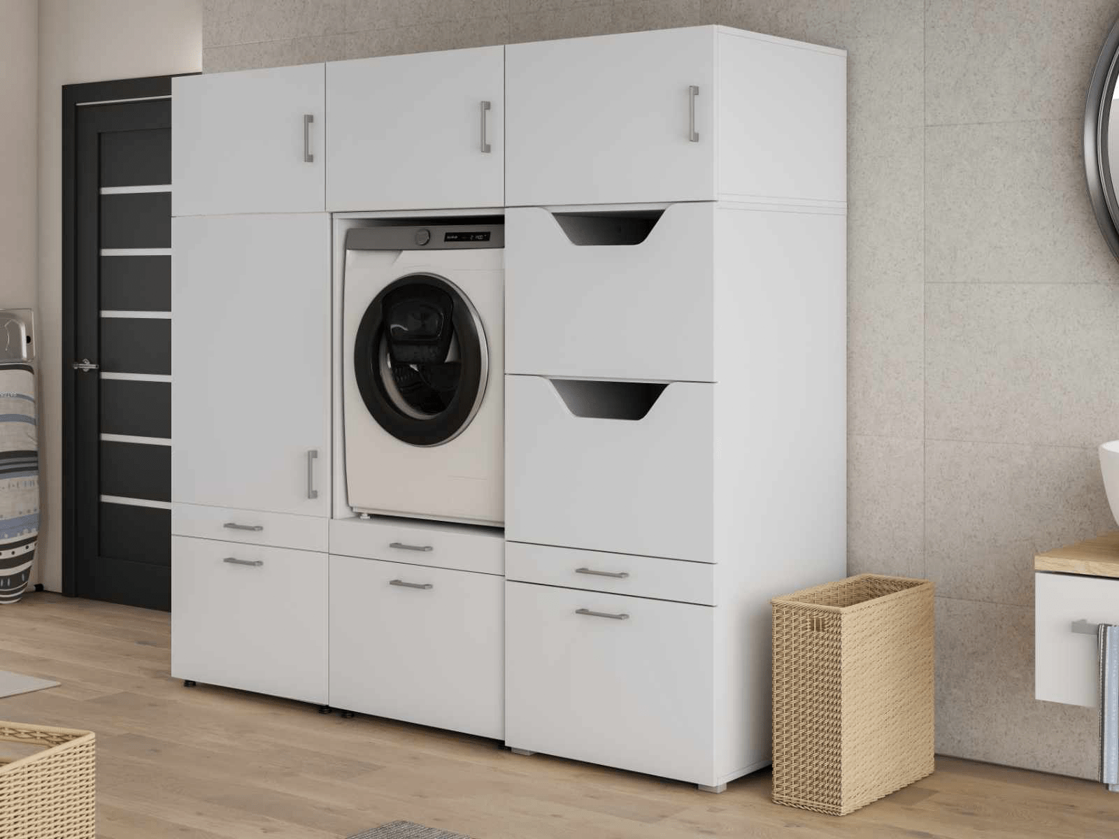 Meuble WASHING 1 machine avec armoire linge et armoire blanc avec 3 surmeubles