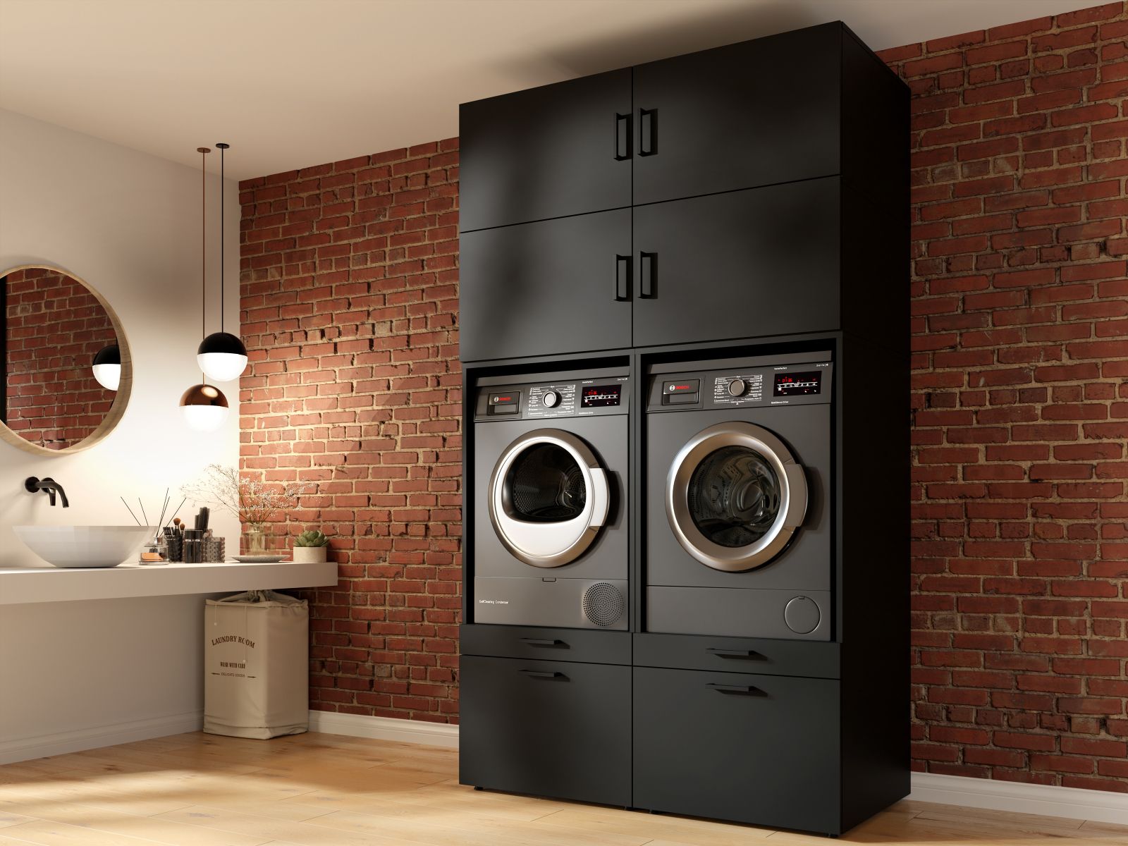 Meuble WASHING 2 machines côte à côte noir avec 4 surmeubles