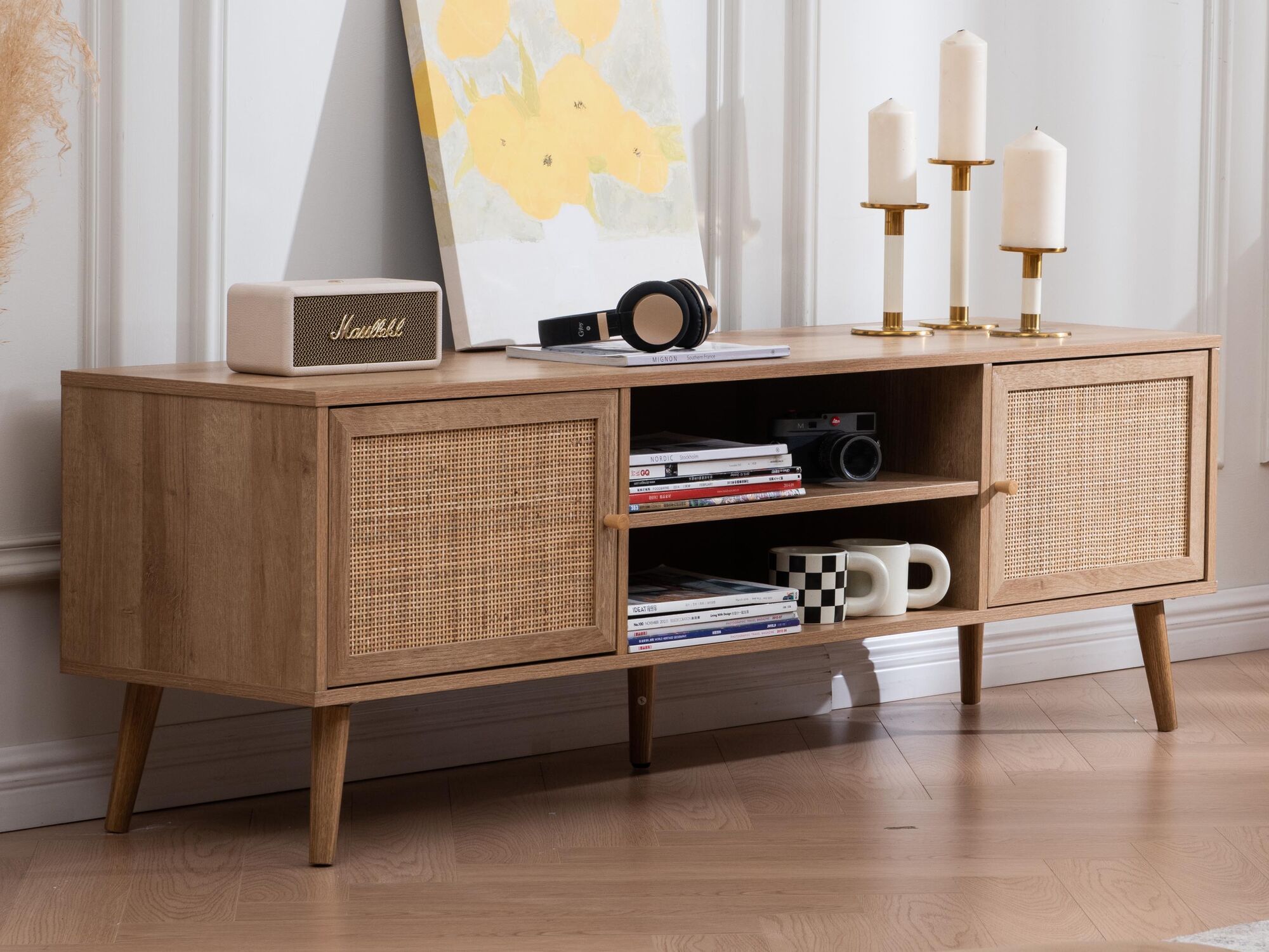 Meuble tv-hifi VANILLE 2 portes chêne sonoma avec rotin