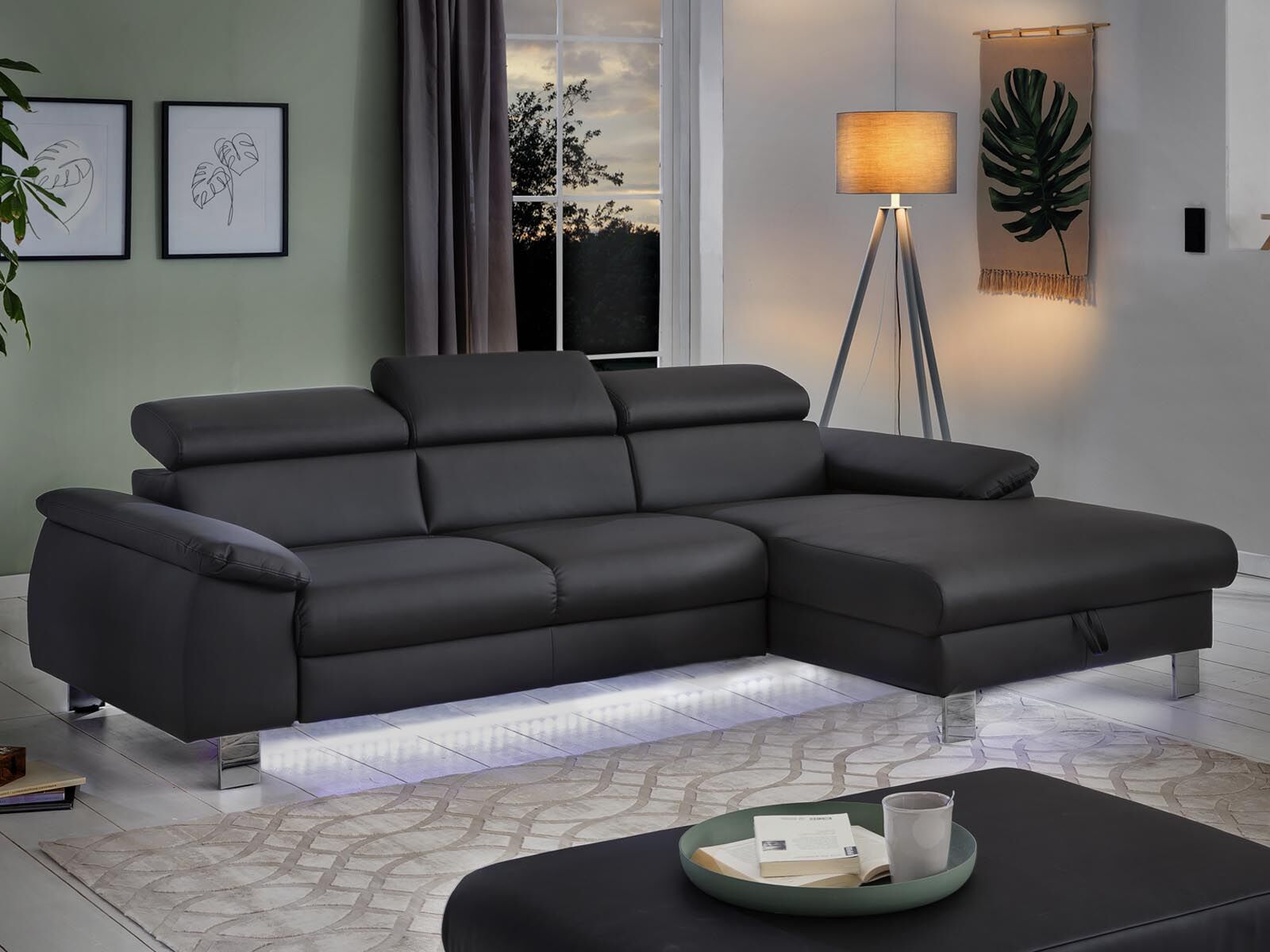 Canapé d'angle convertible MIKO avec méridienne gauche éco-cuir noir avec led