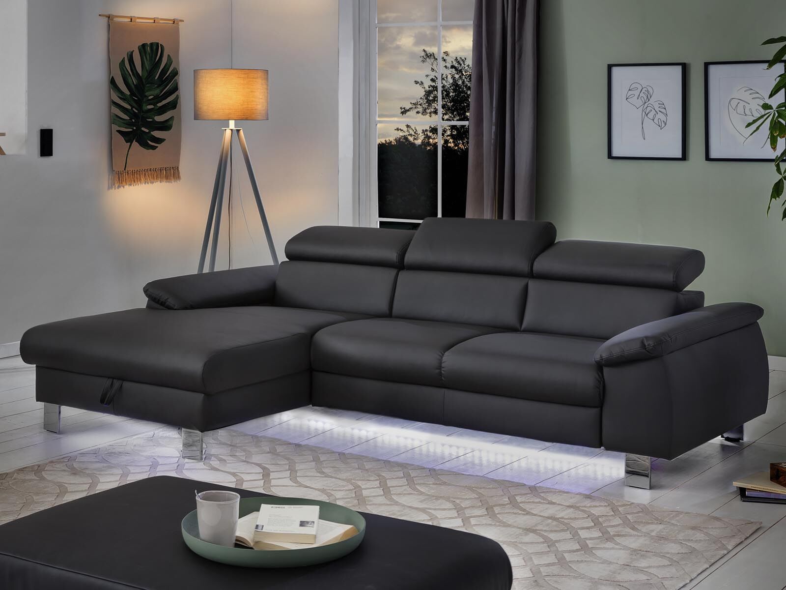 Canapé d'angle convertible MIKO avec méridienne gauche éco-cuir noir avec led